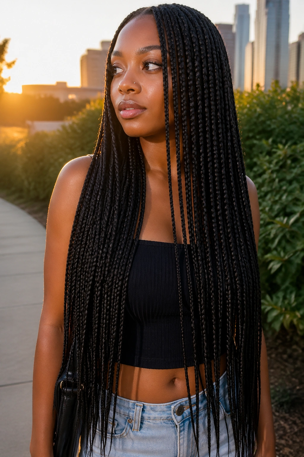 Close-up of waist-length small box braids on a real person outdoors
