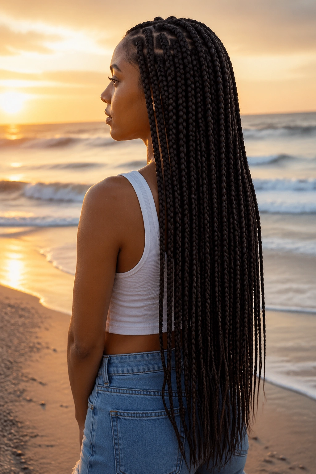 Side-profile of a real woman with waist-length medium feed-in box braids at golden hour.