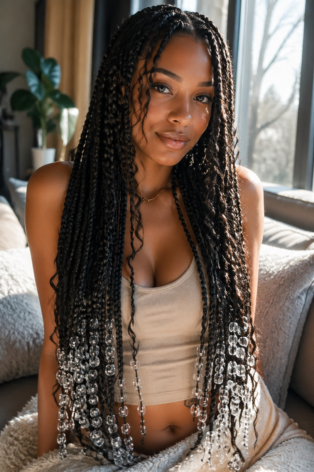 Close-up of a real woman with waist-length goddess box braids and clear beads