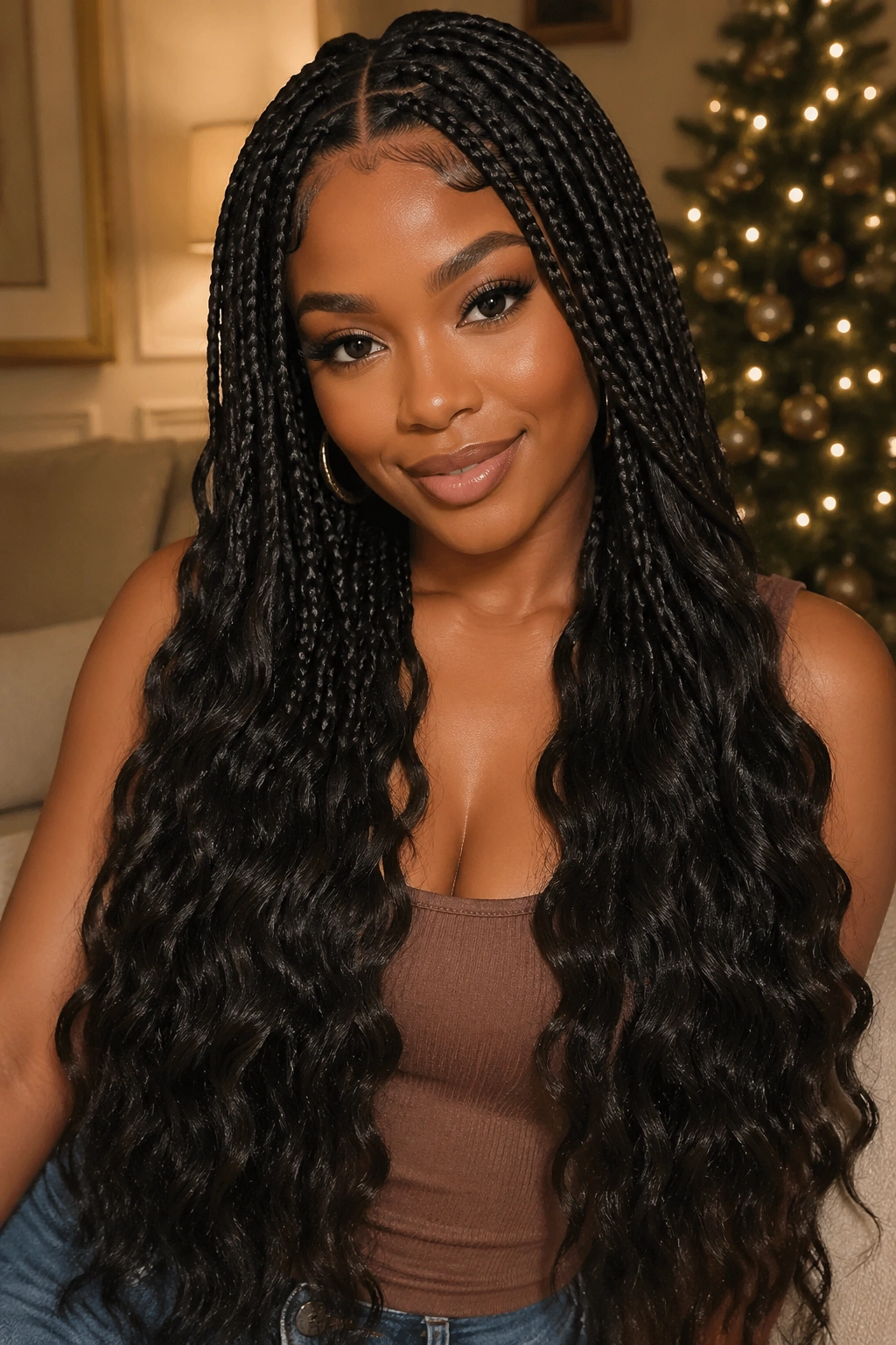 Close-up of waist-length braids transitioning to crochet body waves