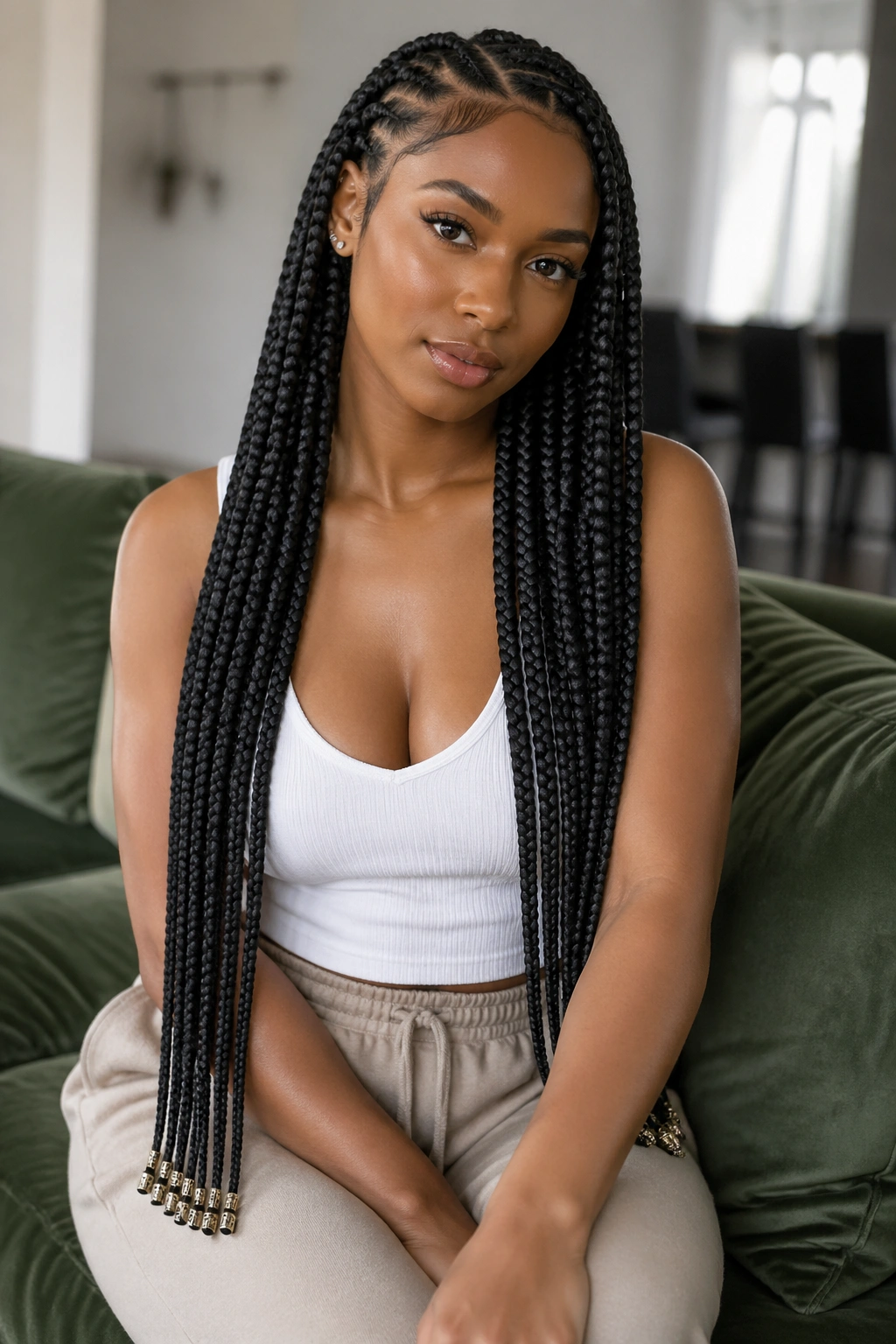 Close-up of waist-length braids with cuffs on a real woman outdoors
