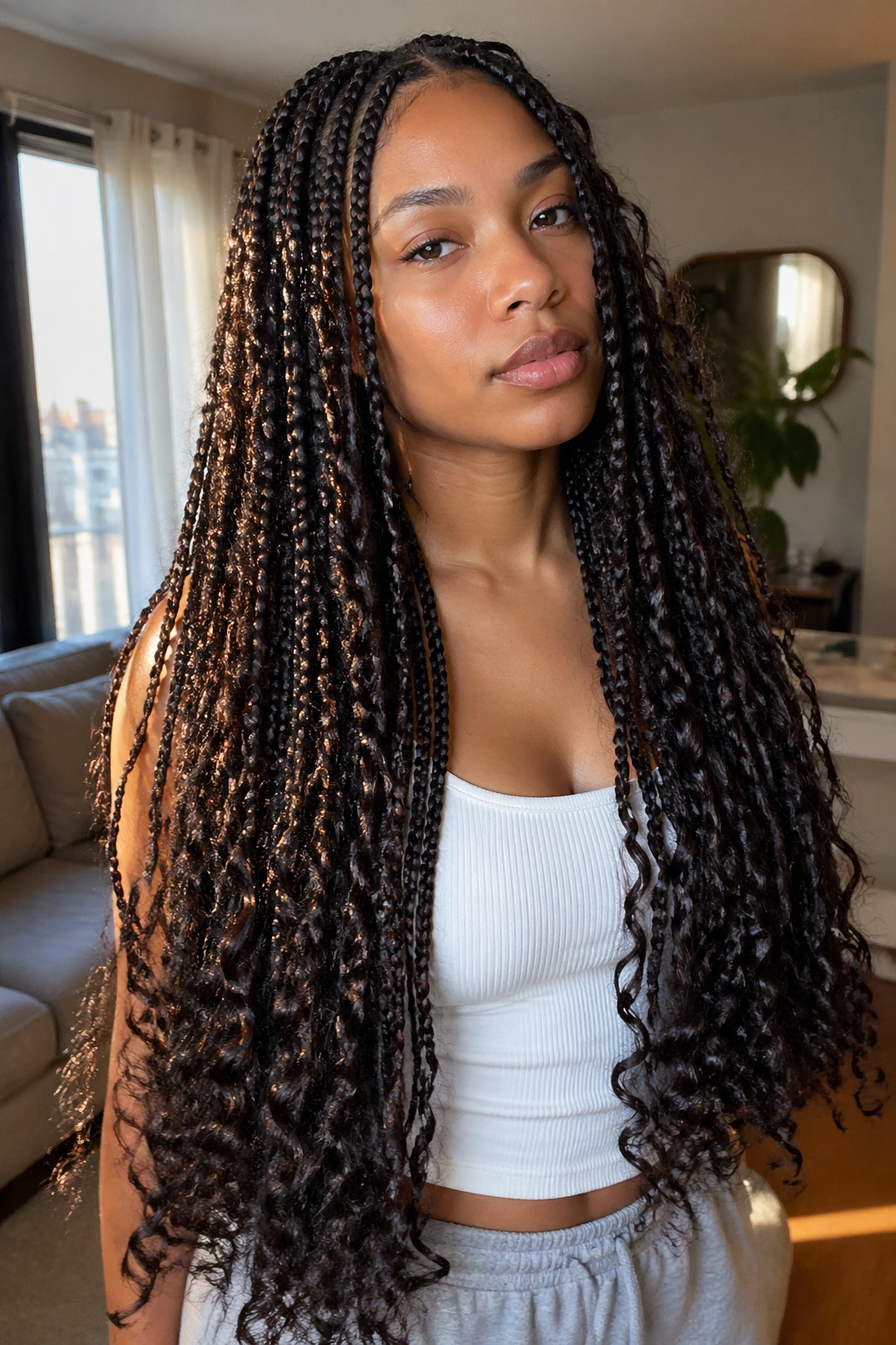 Close-up portrait of a real woman with waist-length knotless box braids ending in curls