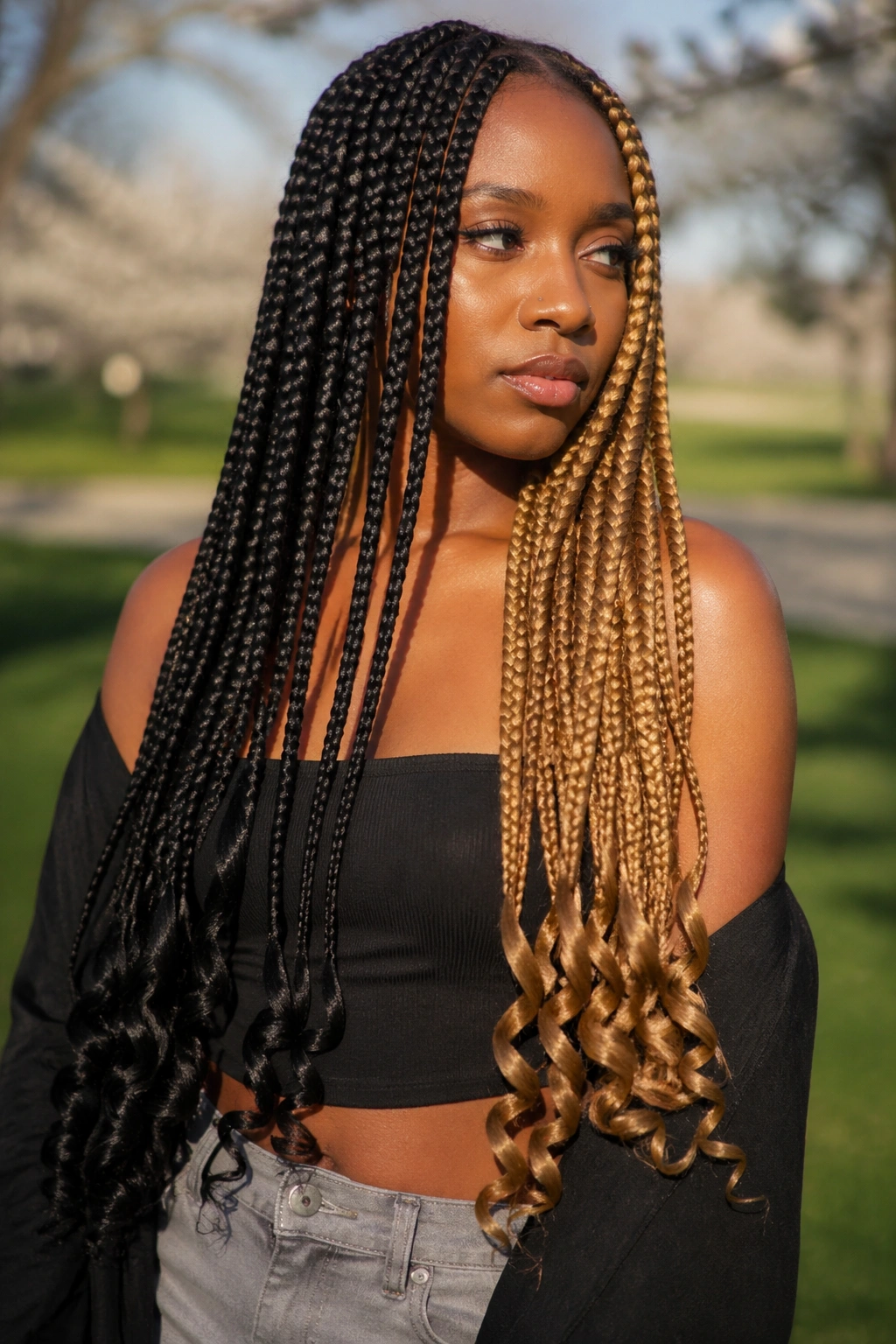 Close-up of waist-length braids ending in curls on a real person