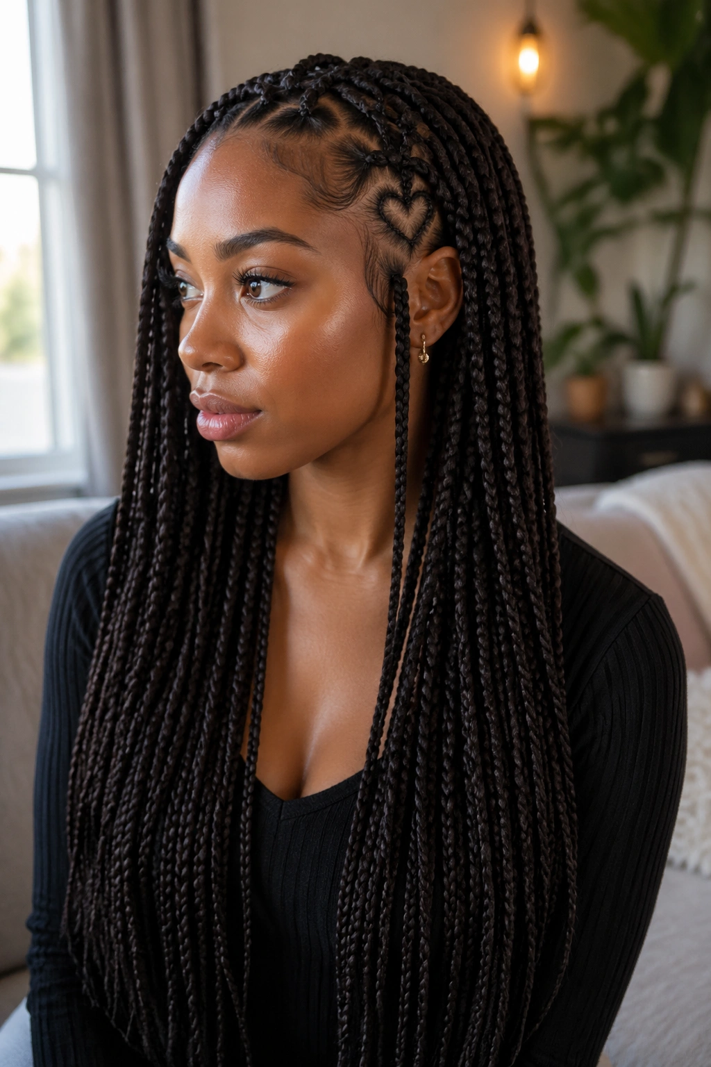Medium close-up of waist-length braids with a low heart accent on a real woman