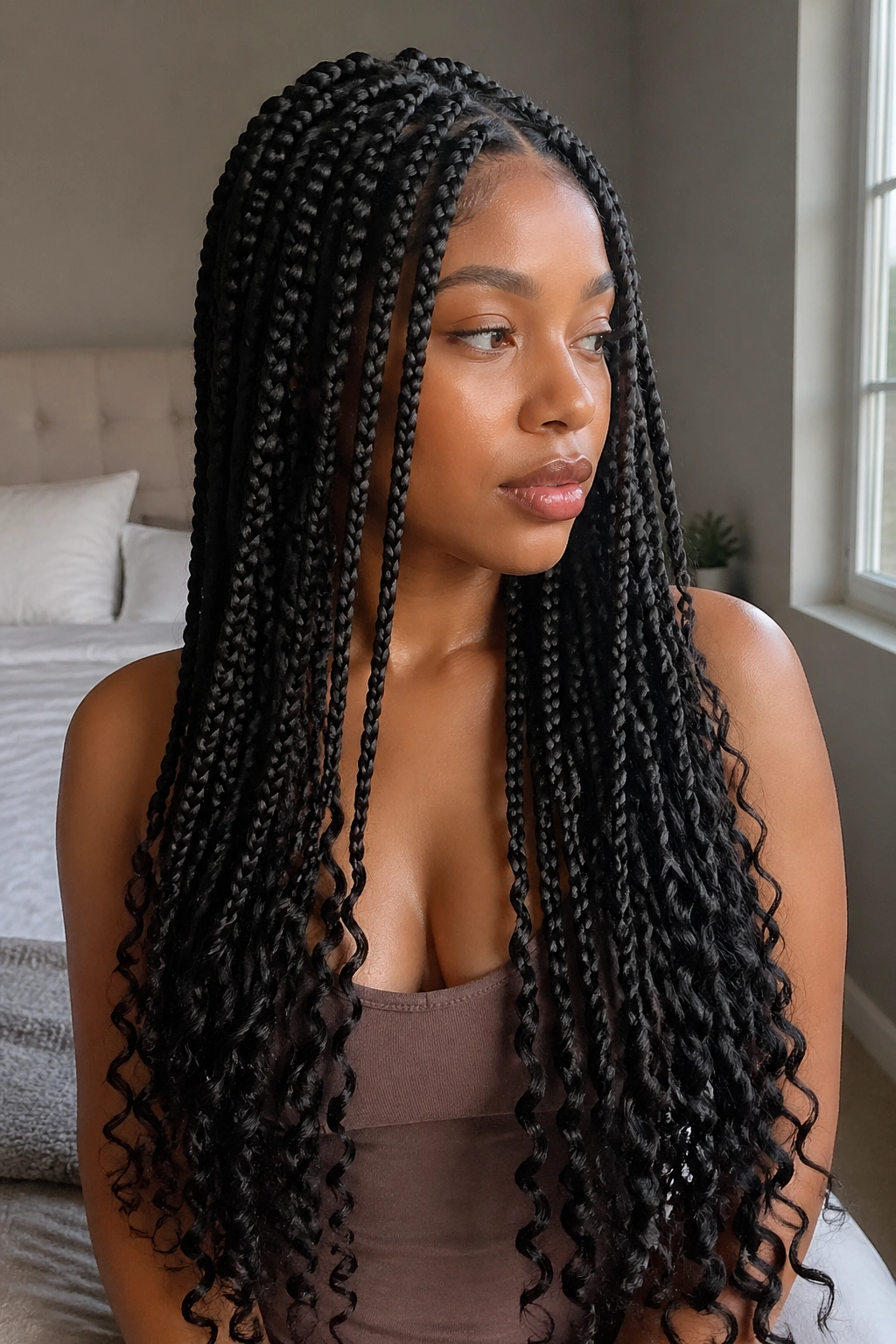 Close-up of a real woman with waist-length knotless box braids and curling ends