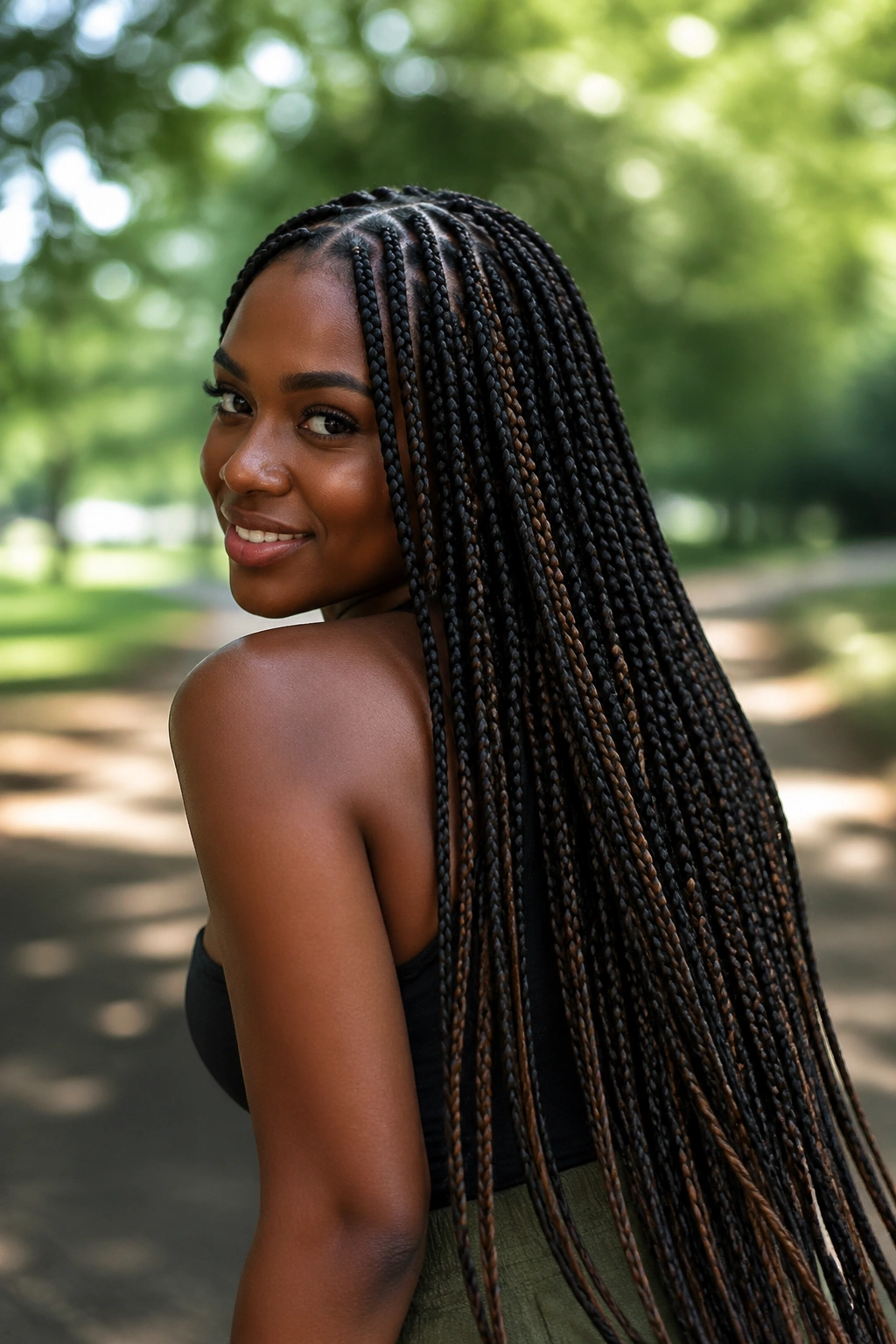 Real woman with waist-length braids cascading down her back in park light.