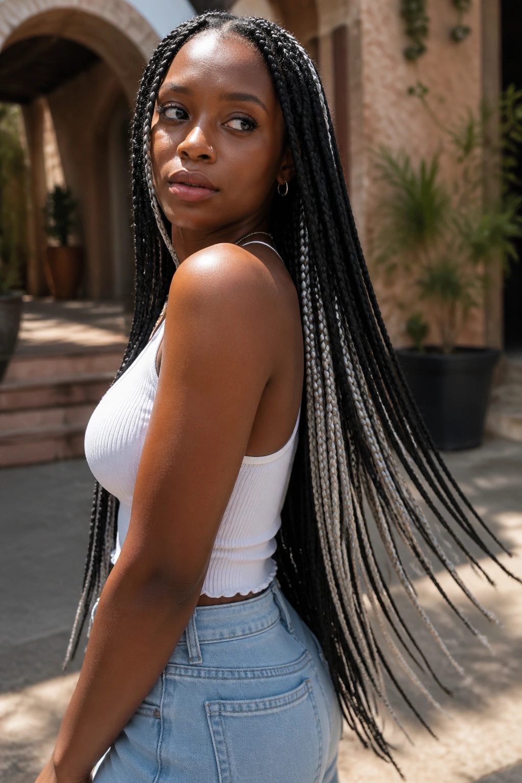 Close-up of waist-length braids with hidden white layers draped over the shoulder
