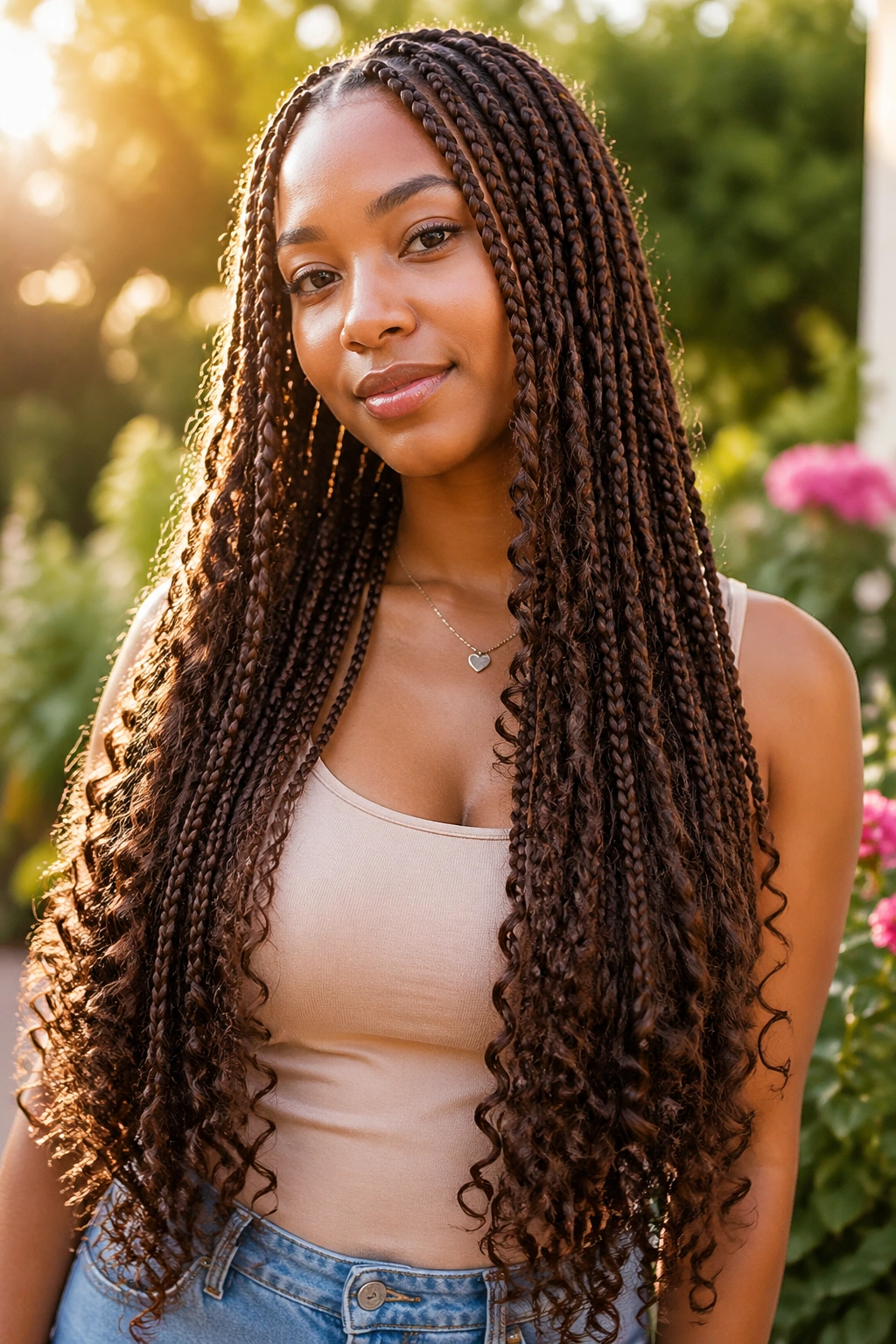 Real woman with waist-length brown box braids with micro curls at ends