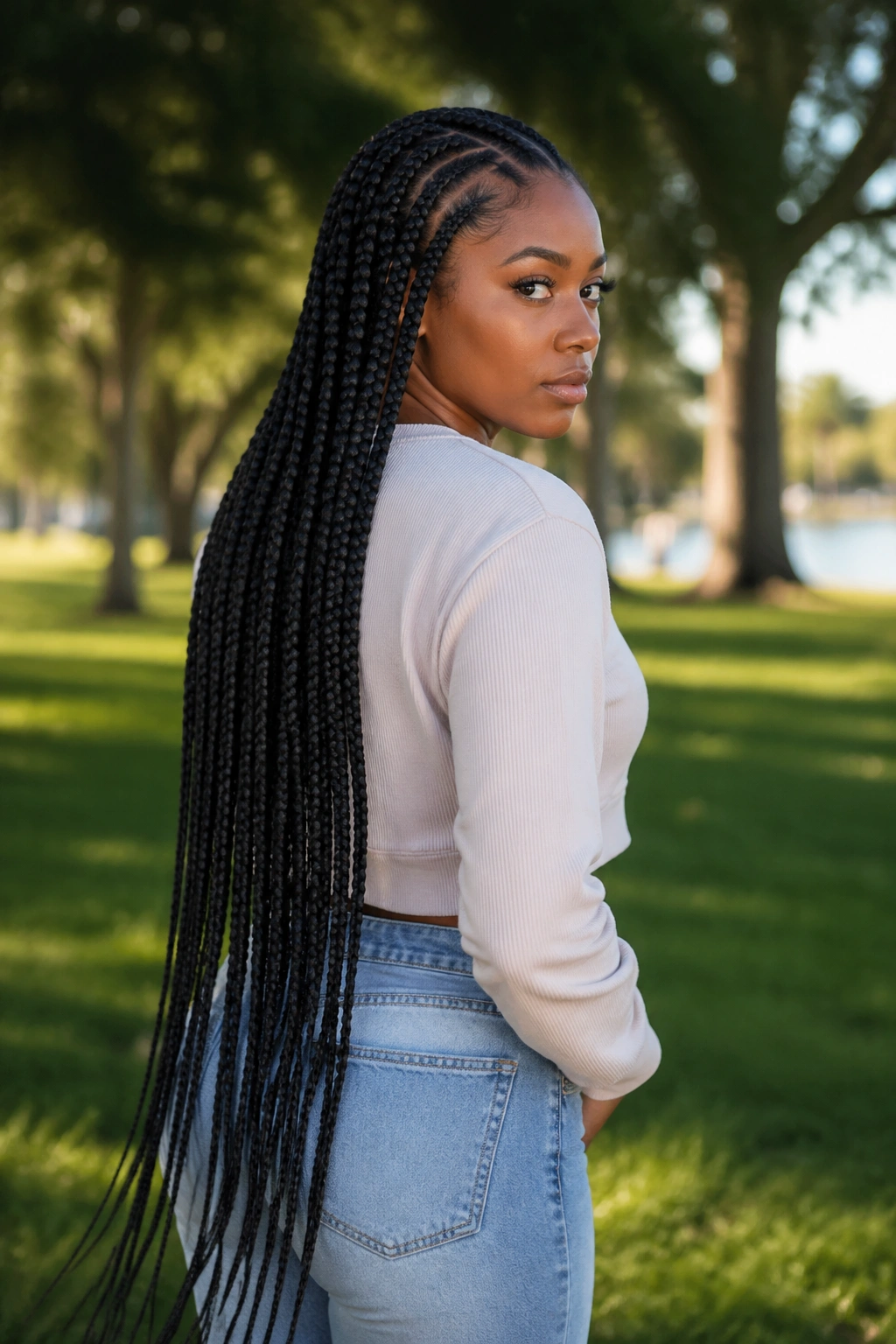 Waist-length feed-in cornrows cascading down a real person
