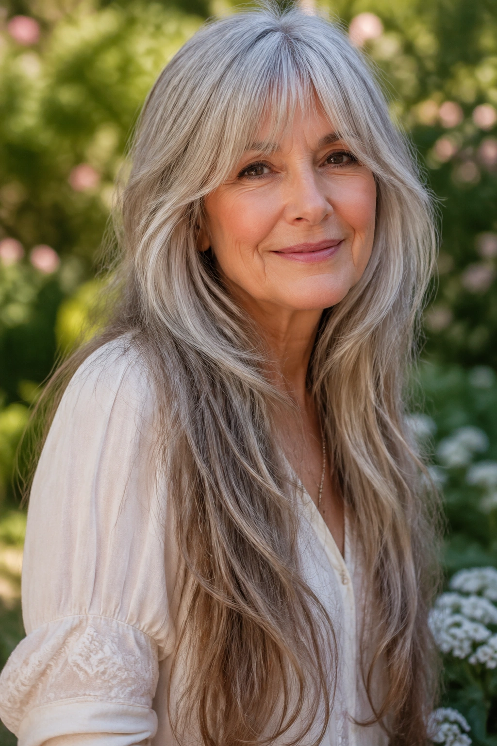 Close-up of a woman with waist-length layers and a soft fringe in a sunlit garden