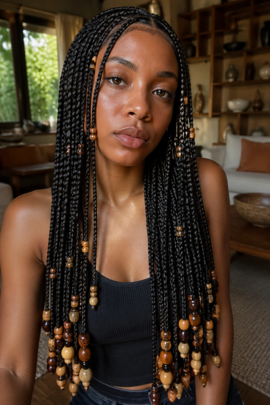 Close-up of a real woman with waist-length Fulani braids and mixed wooden beads