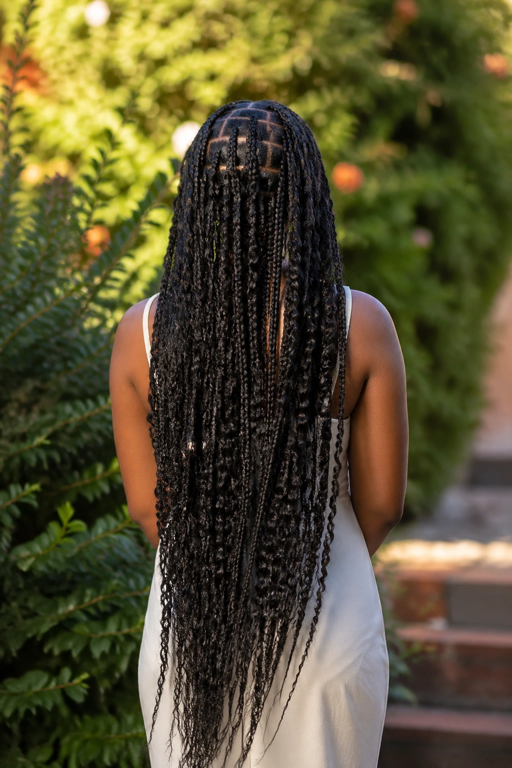 Back-of-head view of a real person with waist-length goddess braids in an outdoor garden