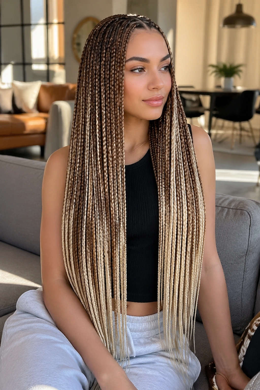 Portrait of a real woman with waist-length brown-to-blonde knotless braids