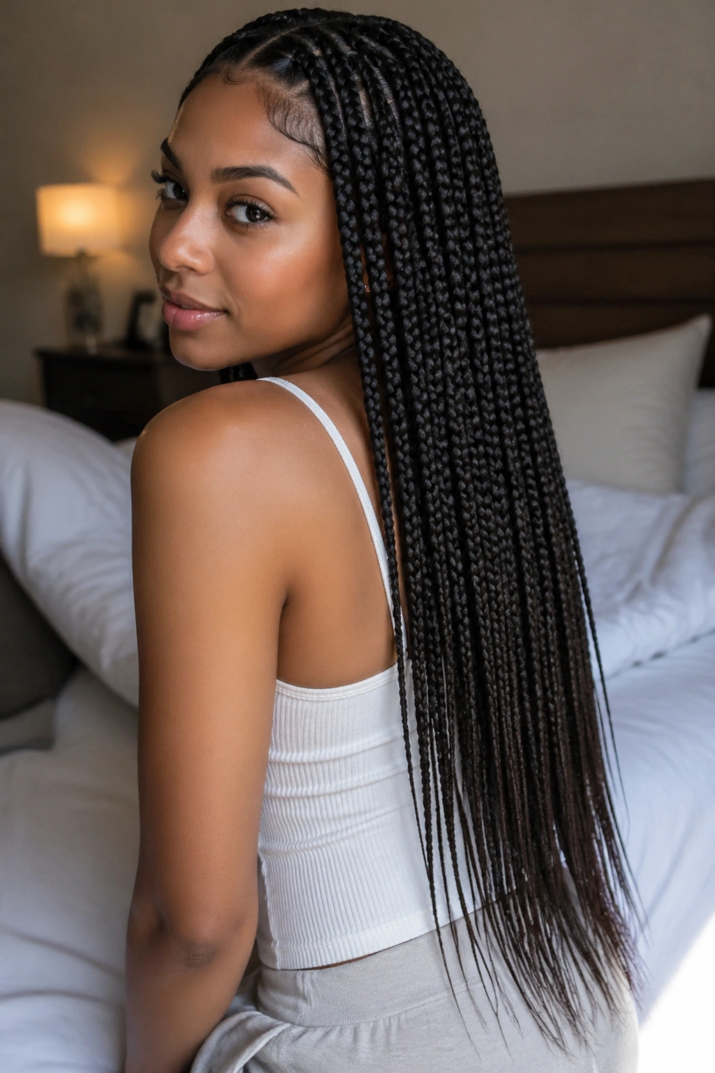 Portrait of a real woman with waist-length knotless braids tapering at the ends.