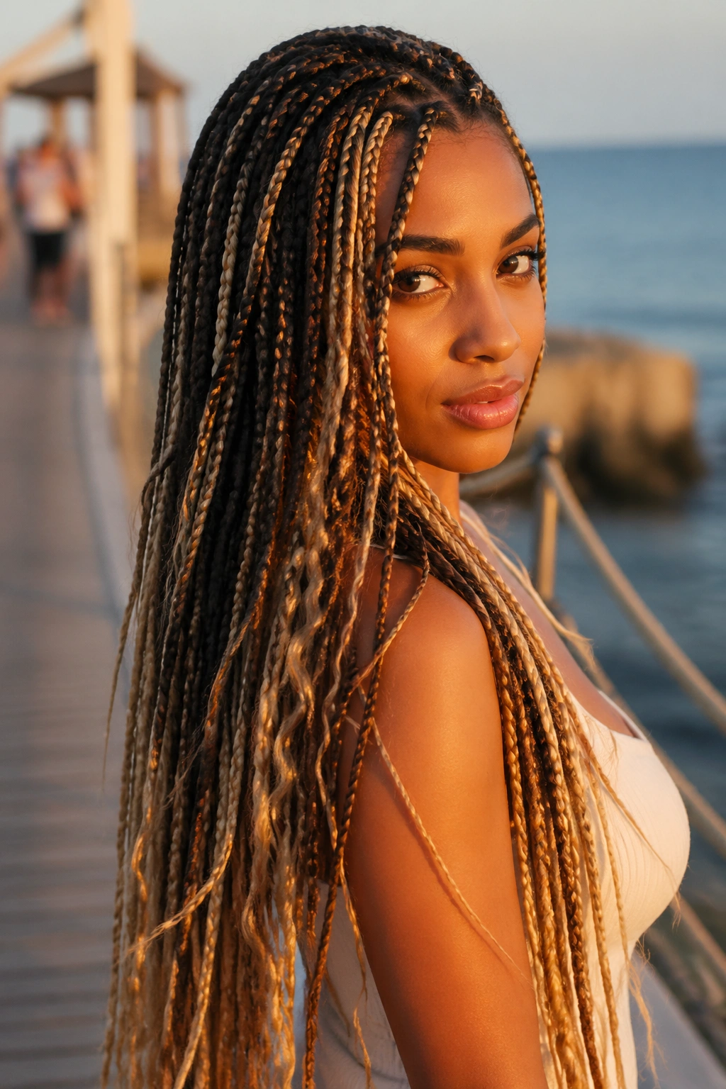 Close-up of a real woman with waist-length layered blonde and brown boho box braids