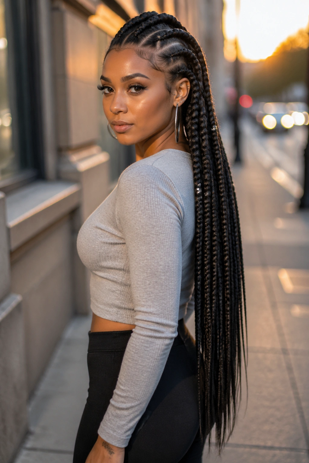 Close-up of a real Black woman with waist-length sleek mohawk braids outdoors at golden hour.