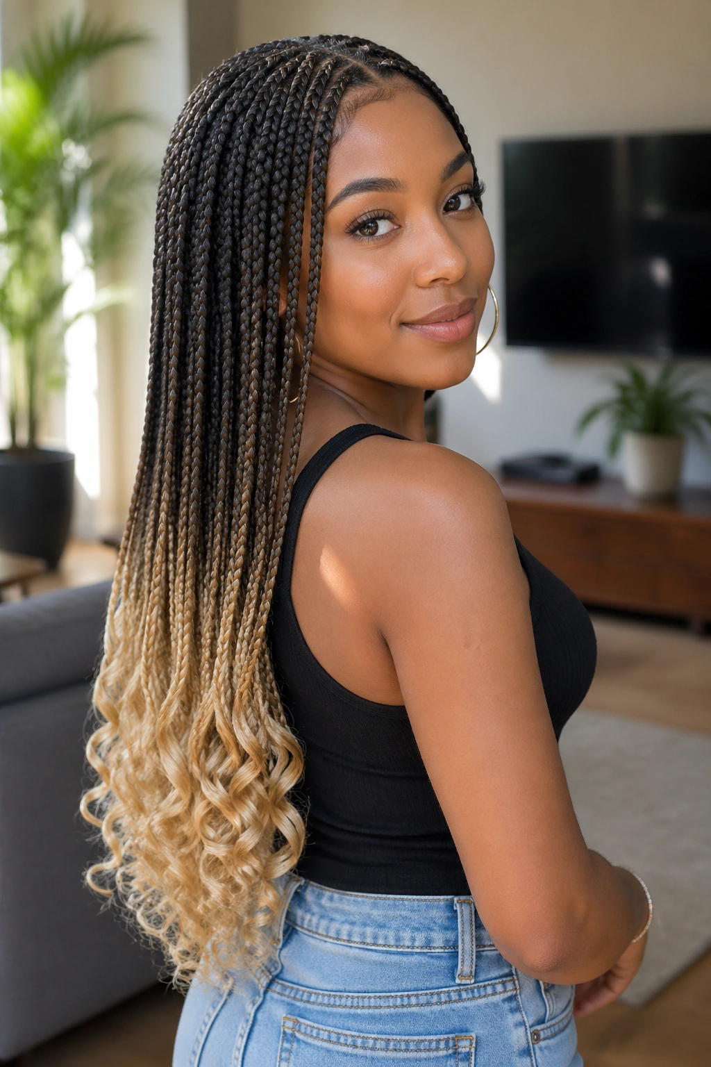 Real person with waist-length ombré box braids featuring curled ends.