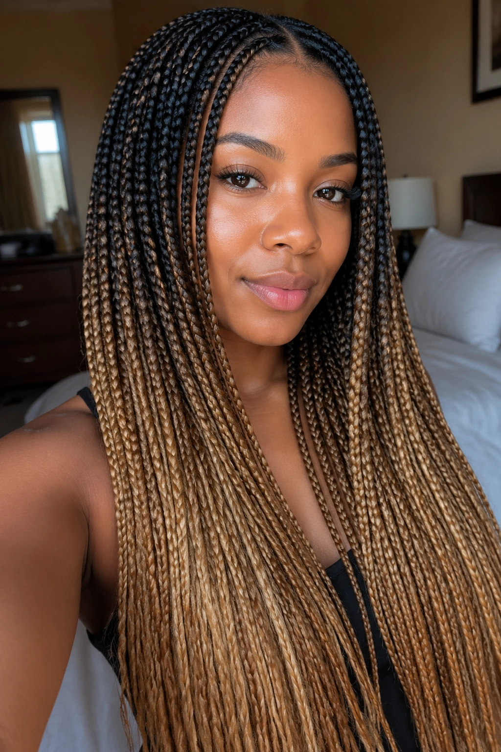 Close-up of a real woman with waist-length ombré knotless box braids in warm bedroom light