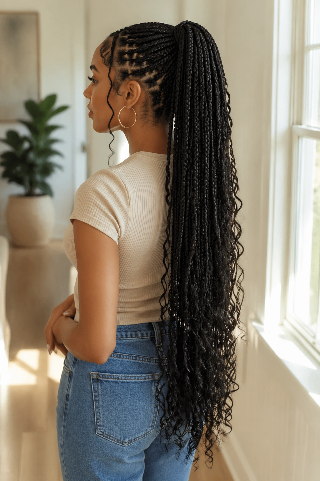 Profile of a real woman with waist-length boho box braid ponytail and loose ends.