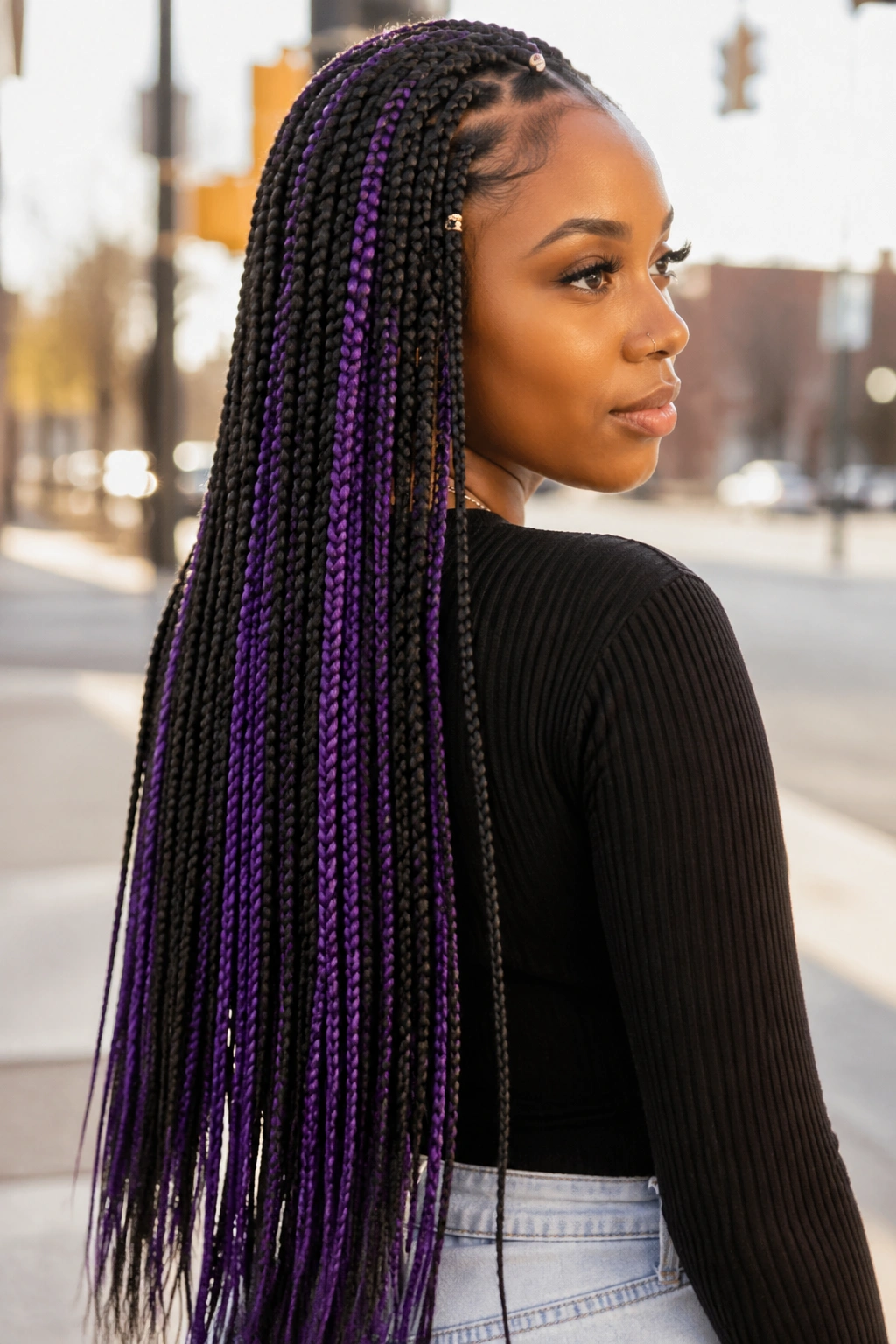 Real person with waist-length small braids showing alternating purple hidden rows