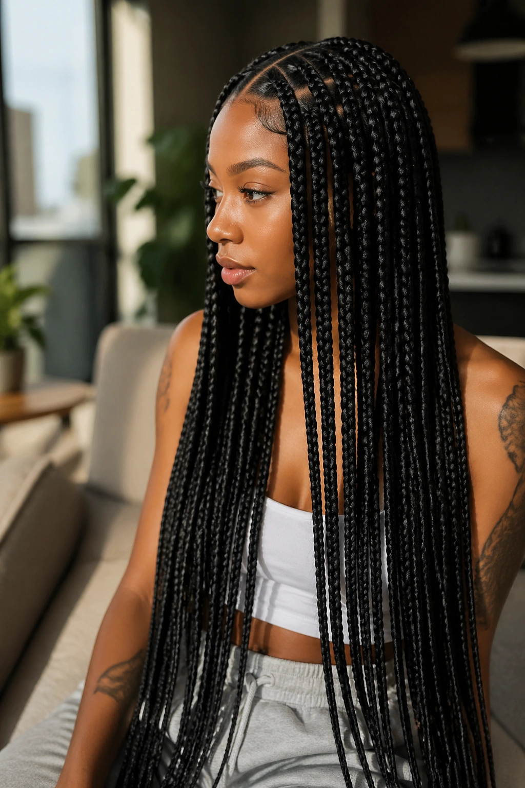 Side-profile portrait of a real woman with waist-length stitch braids framing the part