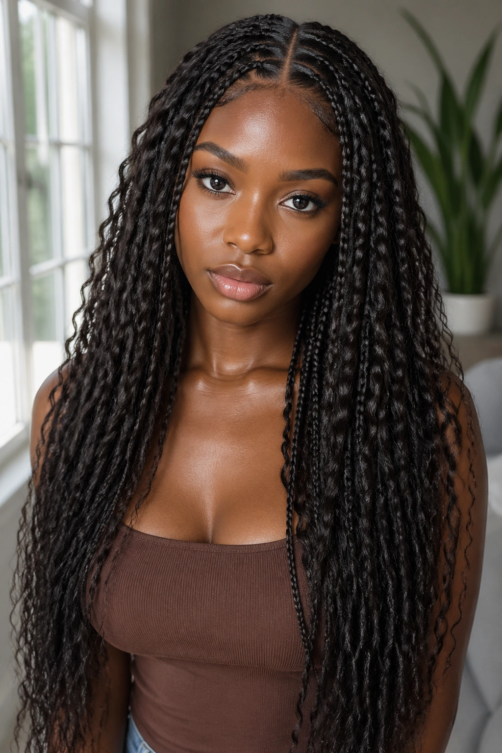 Close-up of a woman with waist-length tree braids and center part