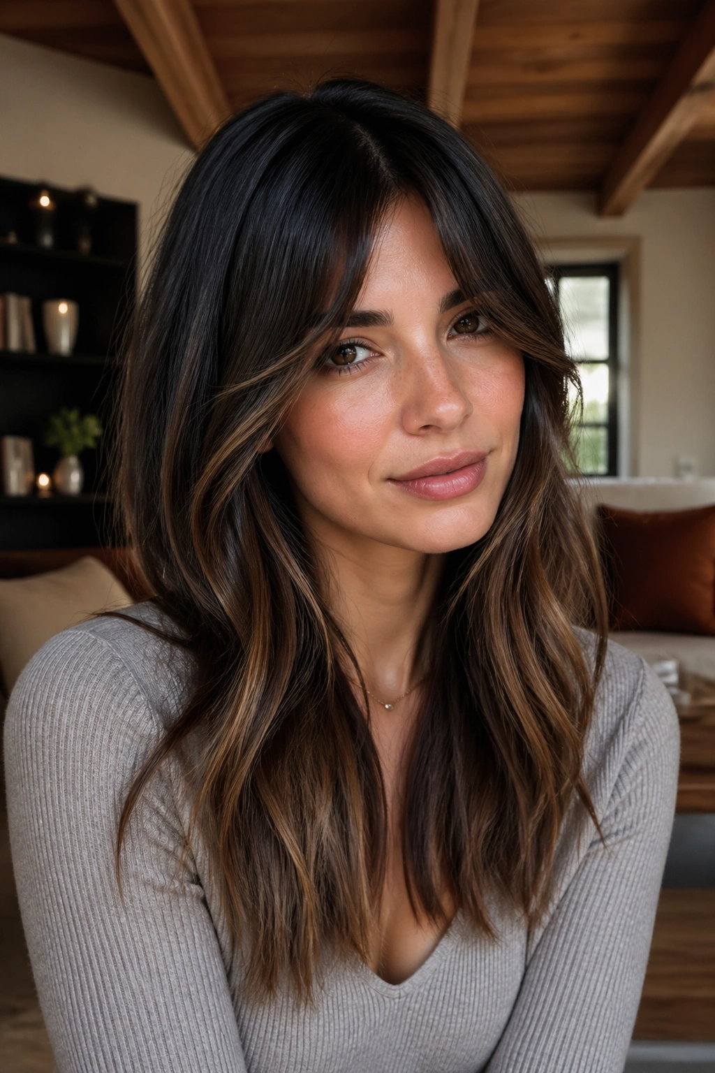 Close-up of real woman with walnut balayage and curtain bangs