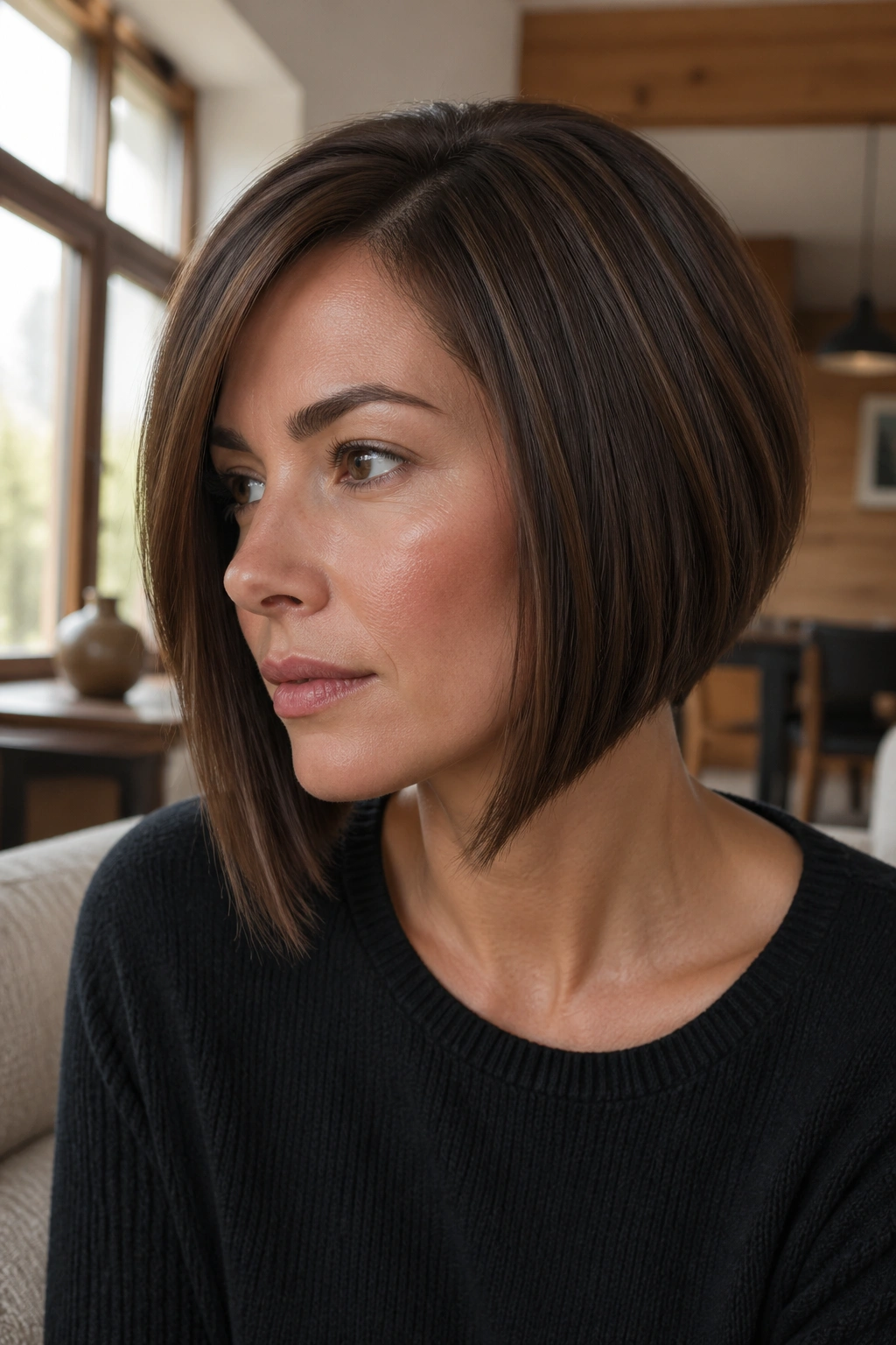 Real woman with walnut brown chin-length A-line bob.