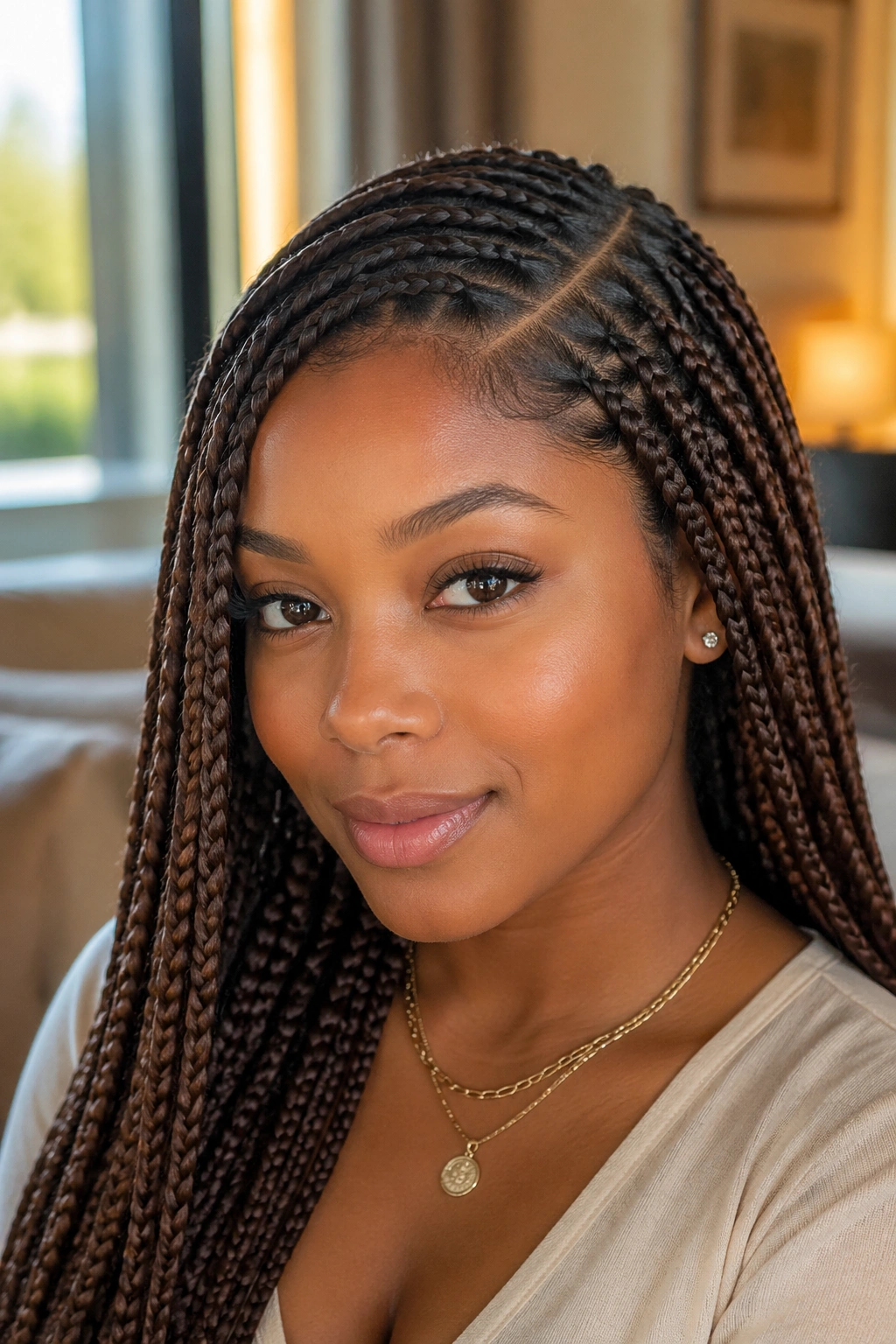 Close-up of a real woman with walnut brown knotless braids and a sharp side part