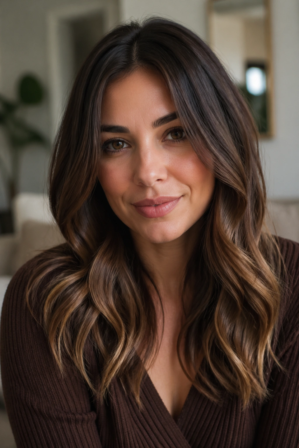Real person with walnut brown hair in soft indoor light