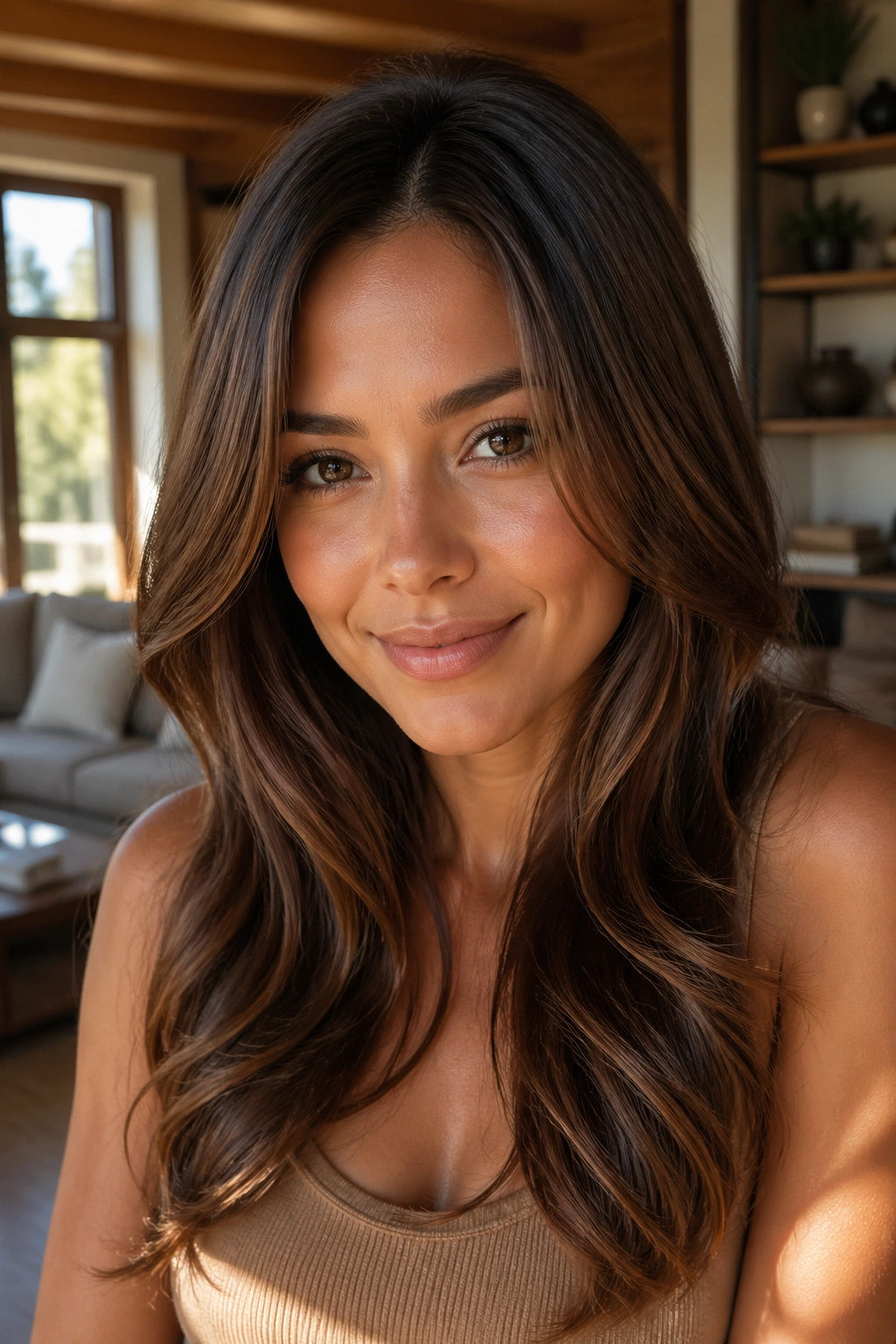 Close-up of a real woman with warm walnut brown hair and warm skin in a sunlit room