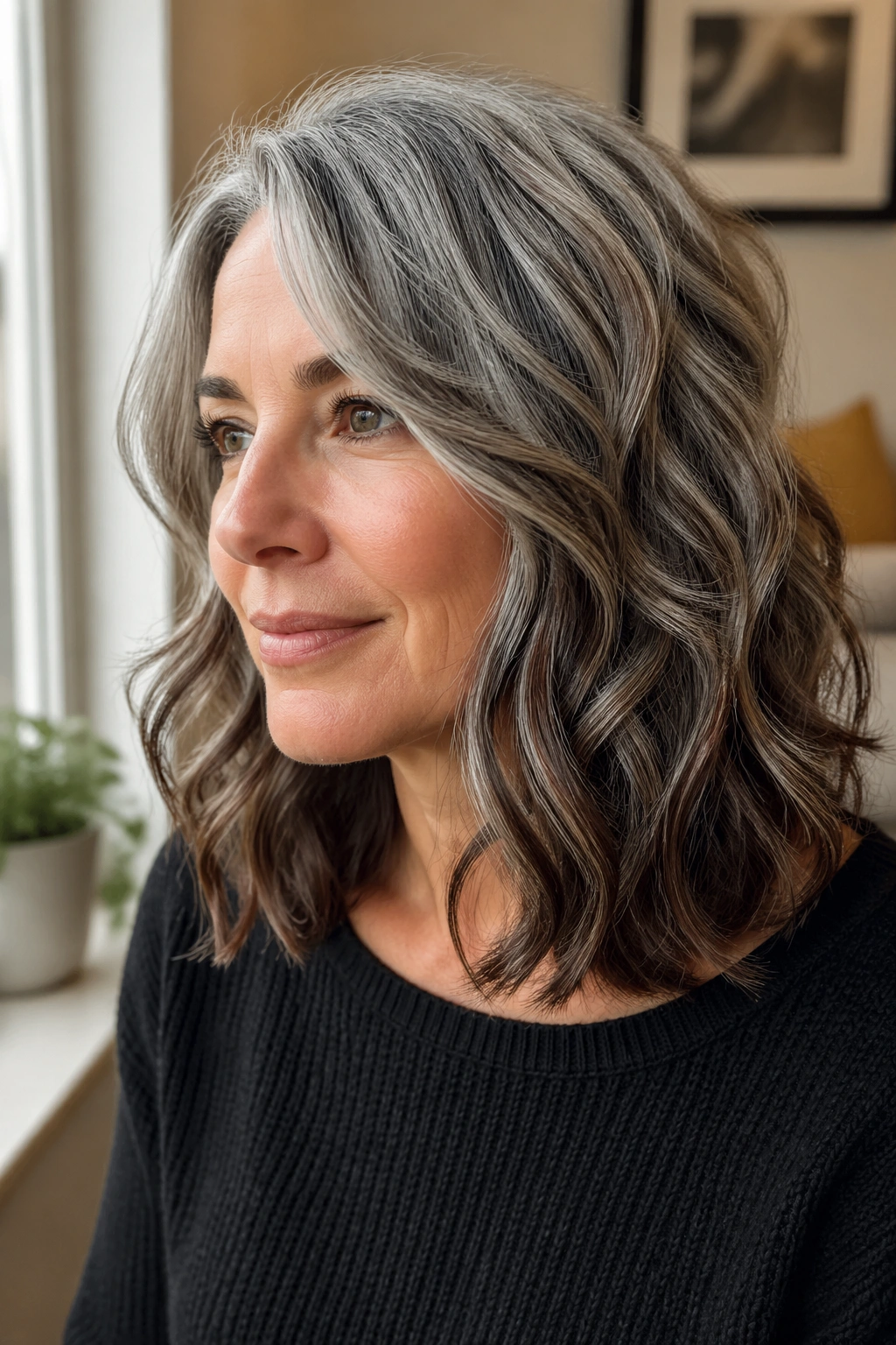 Close-up portrait of a real woman with shoulder-length waves and walnut lowlights.