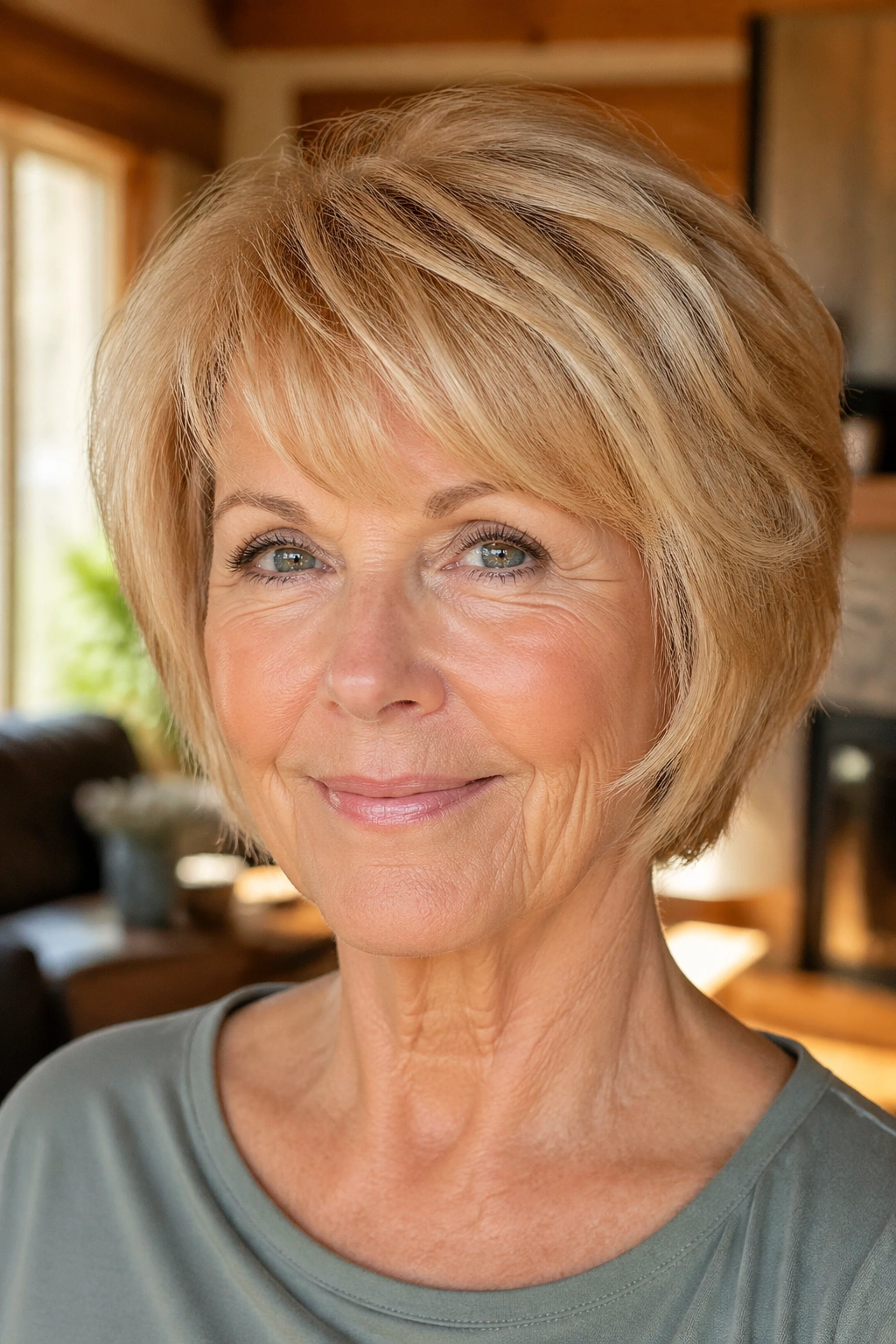 Close-up of a real woman with warm blonde wedge and soft layers in sunlit room