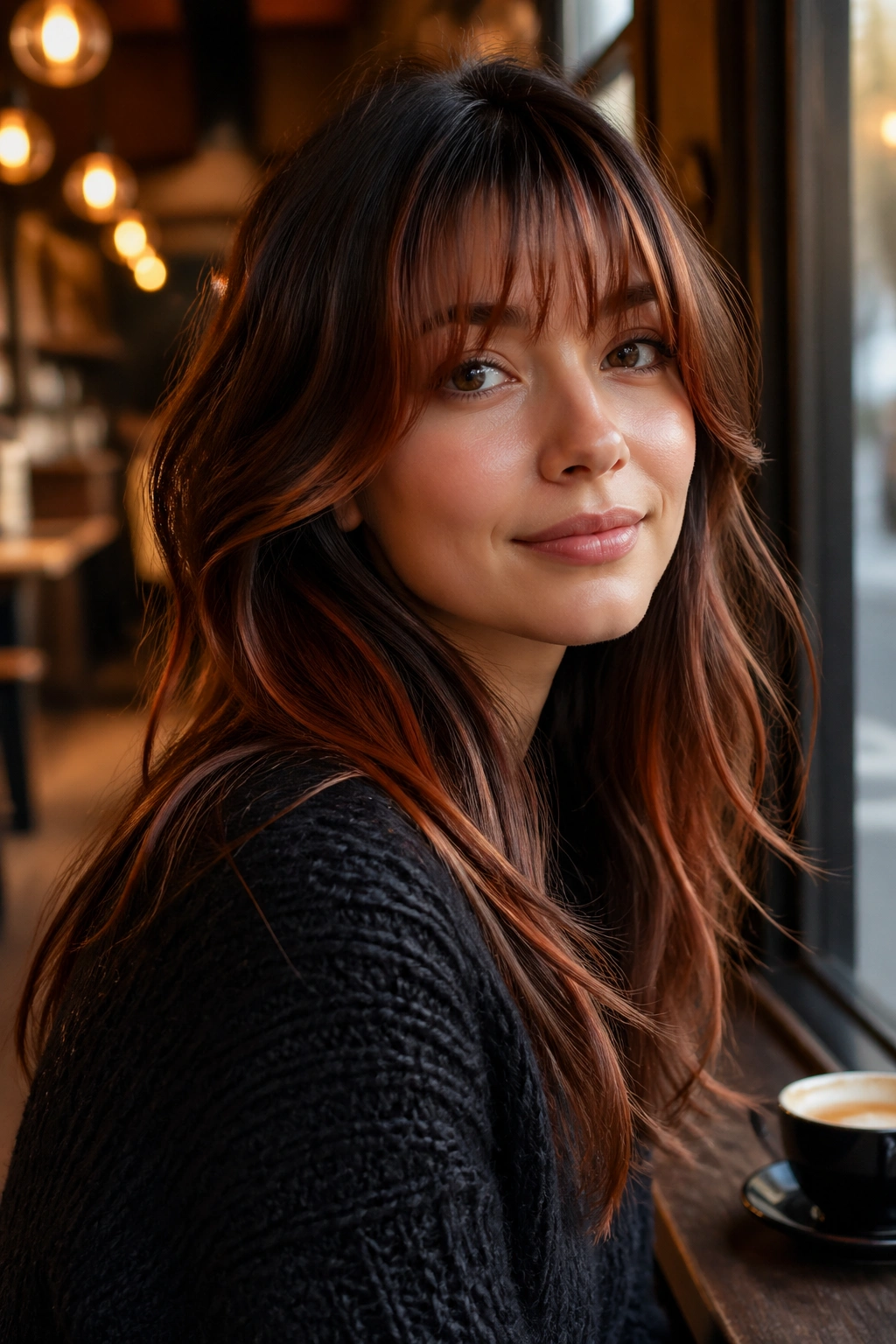Close-up of a woman with warm copper balayage and fringe, copper highlights around the face.