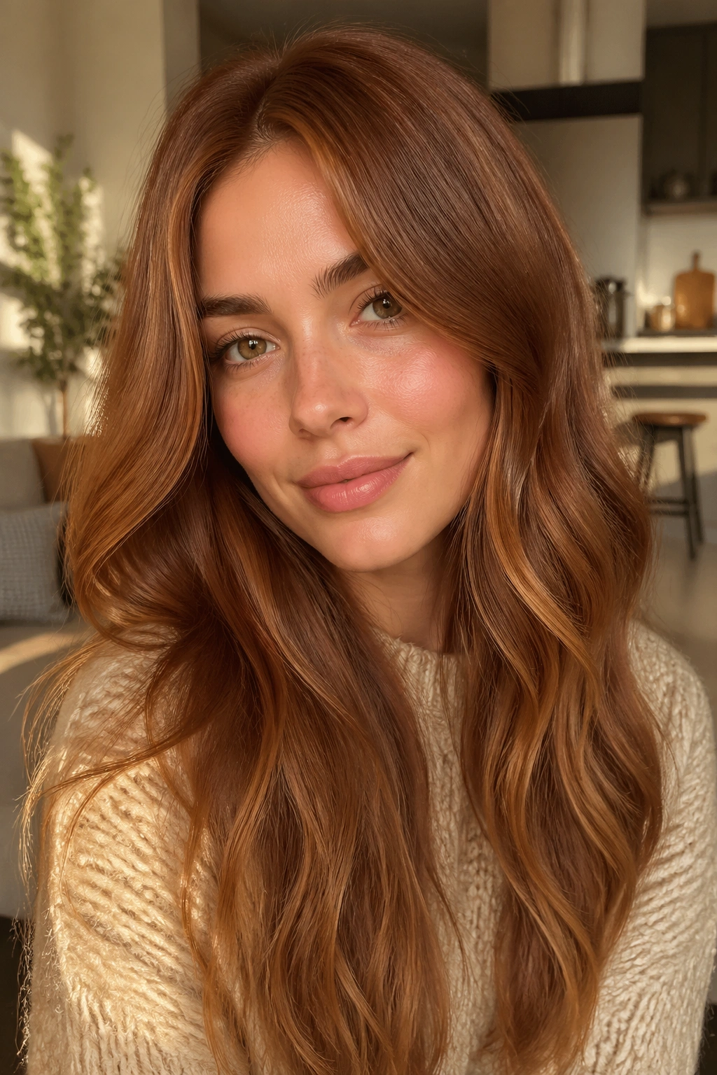 Close-up of warm toffee auburn hair on a real person with soft waves