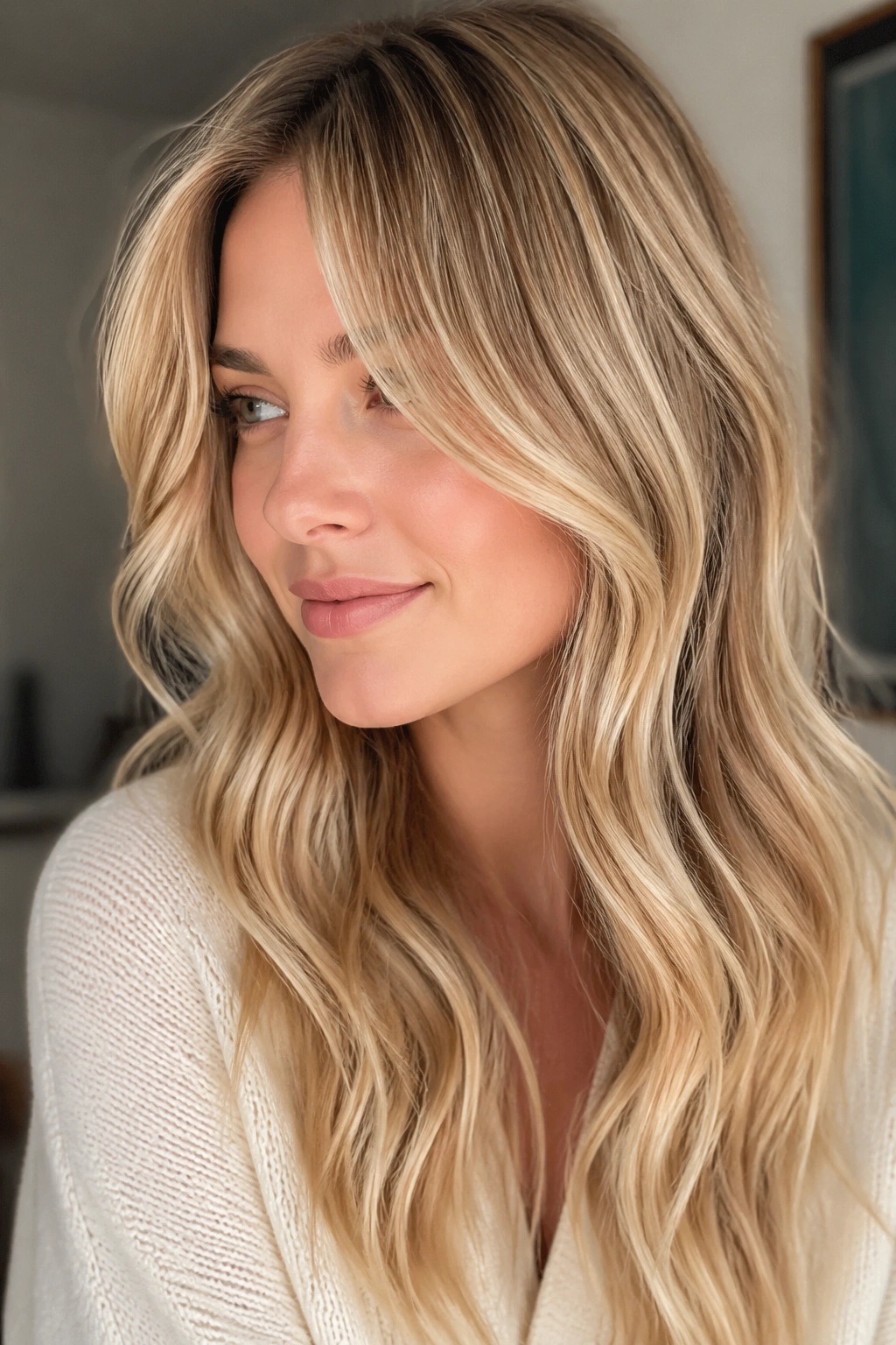 Close-up of warm vanilla blonde on a real person with creamy soft highlights