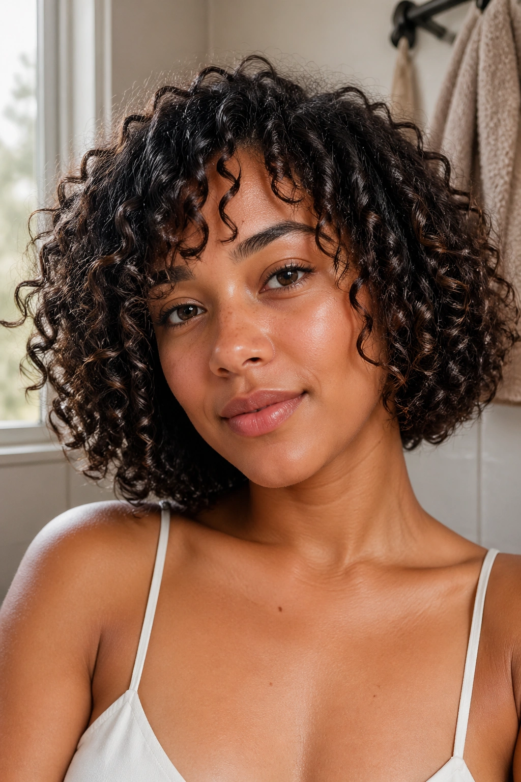 Real woman with air-dried wash-and-go curly bob close-up