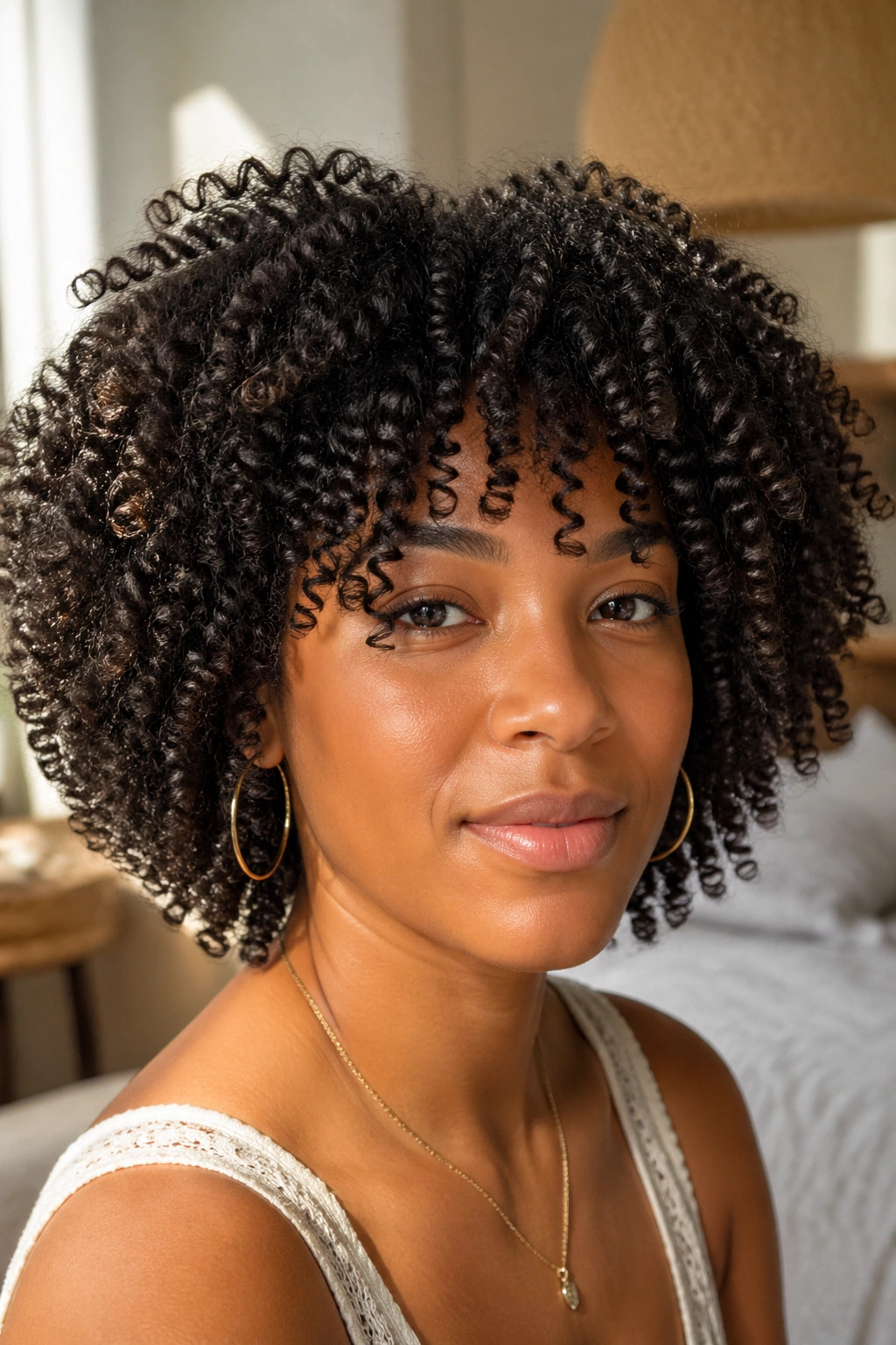 Close-up portrait of a real woman with wash-and-go curls in warm natural light