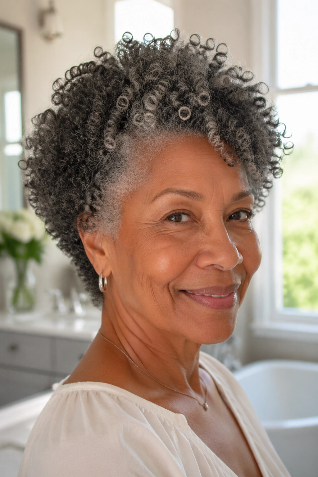 Close-up of a real woman with curls shaped at the sides for a natural wash-and-go look.