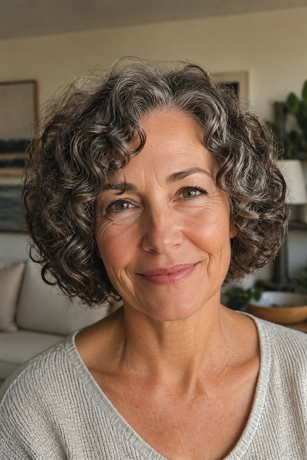 Close-up portrait of a real woman with a wash-and-go curly bob.