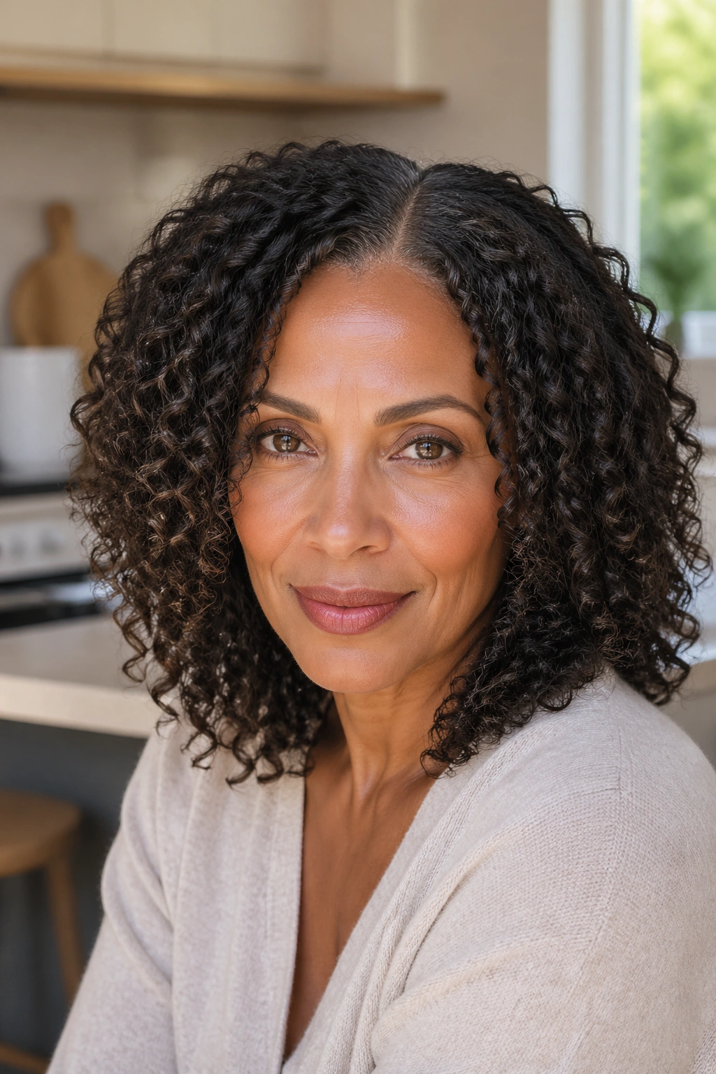 Close-up of a real woman with a defined part and wash-and-go curls