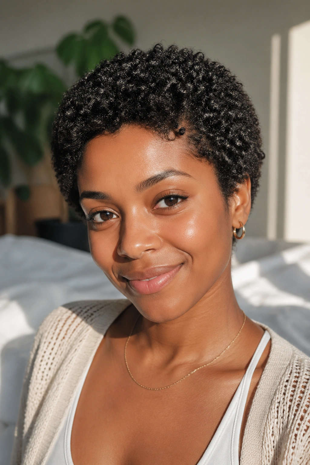 Close-up of a woman with a natural wash-and-go hairstyle with defined curls in natural light.