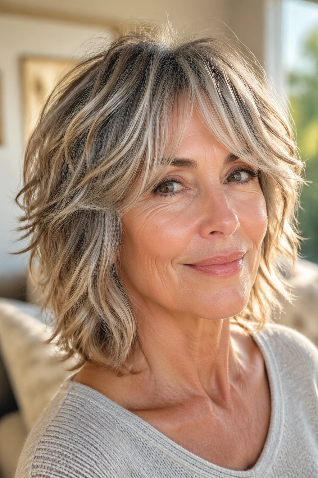 Close-up of a real woman with an airy shag showing natural air-dried movement in a sunlit room