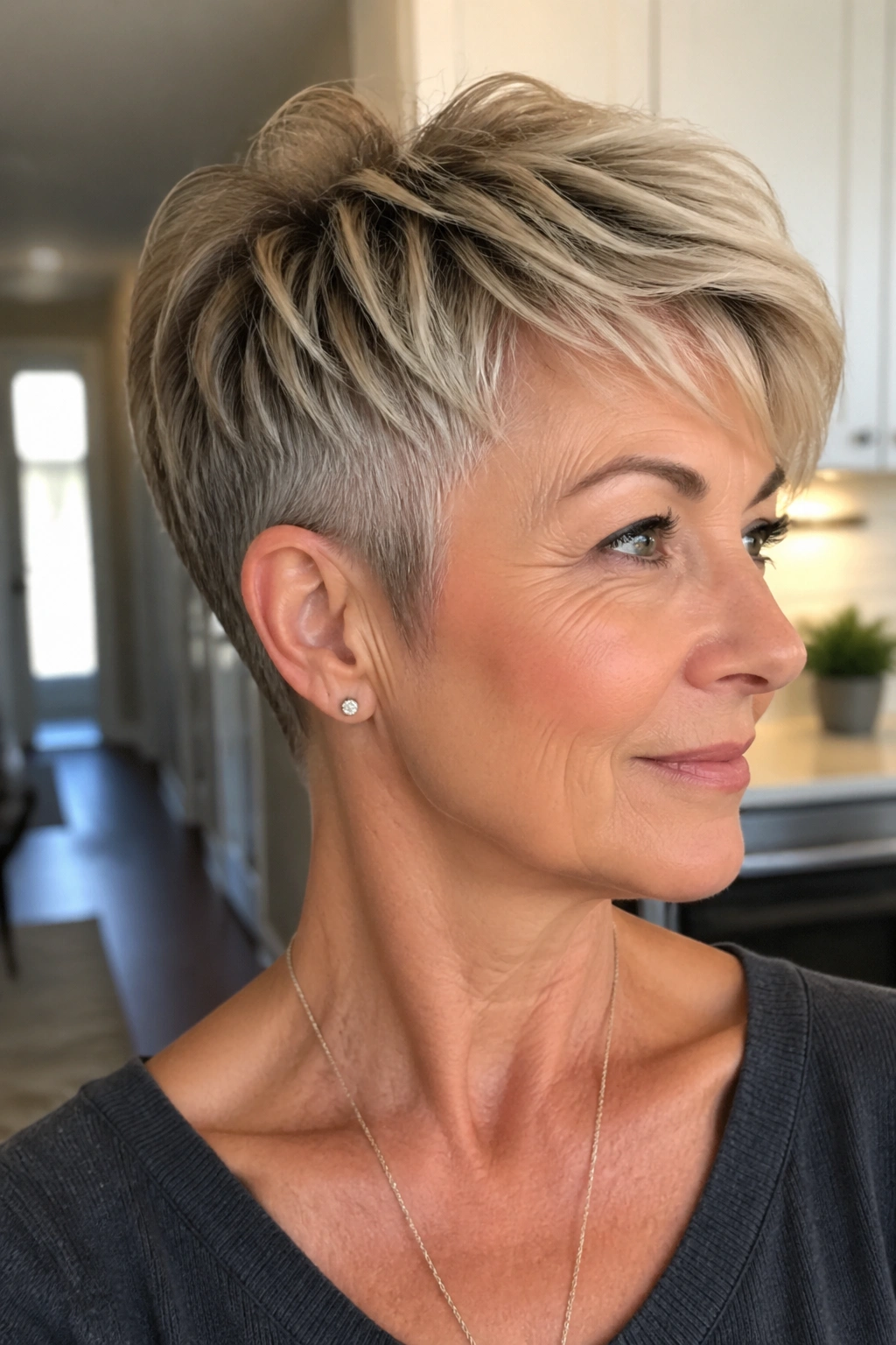 Real woman with wash-and-wear pixie and long crown