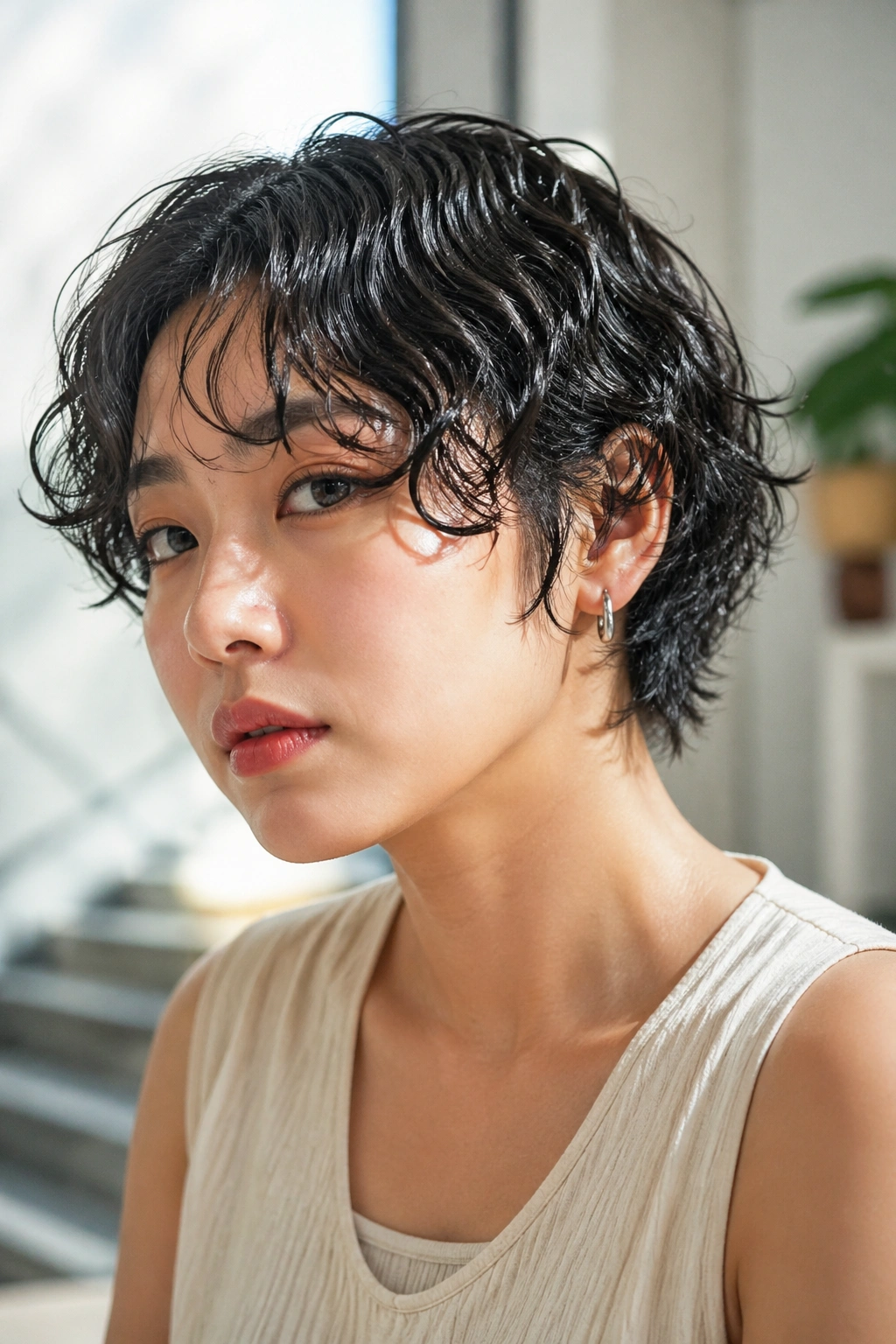Close-up of a real person with water-wave perm and glossy bends