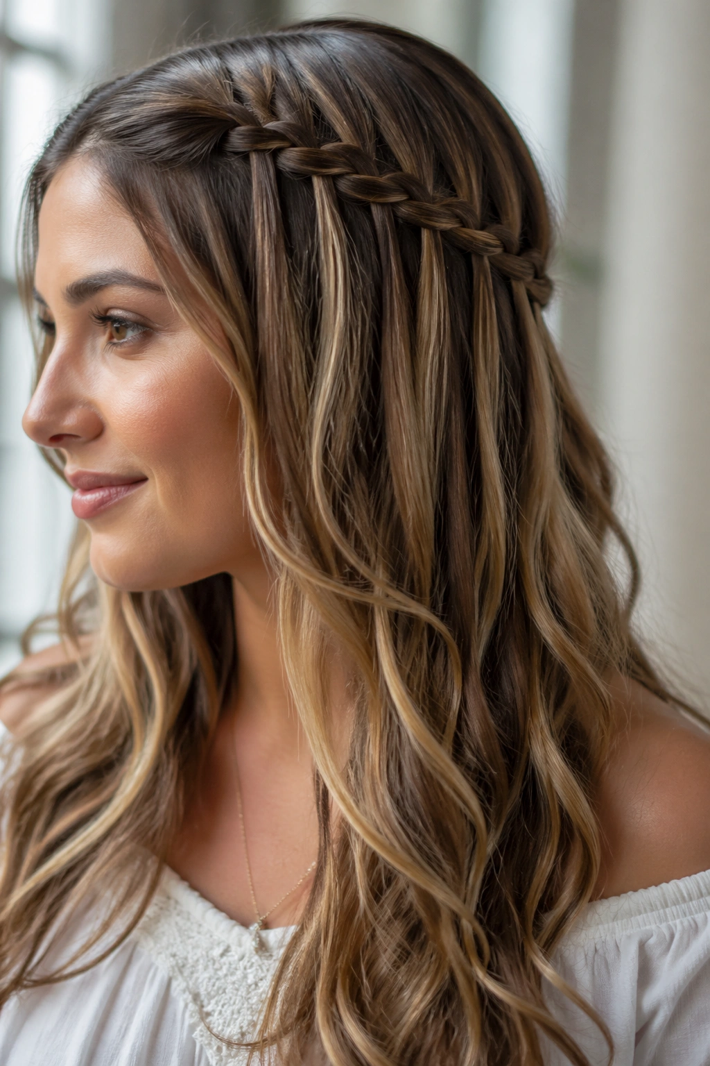 Close-up of a real person with a waterfall accent French braid along the side.