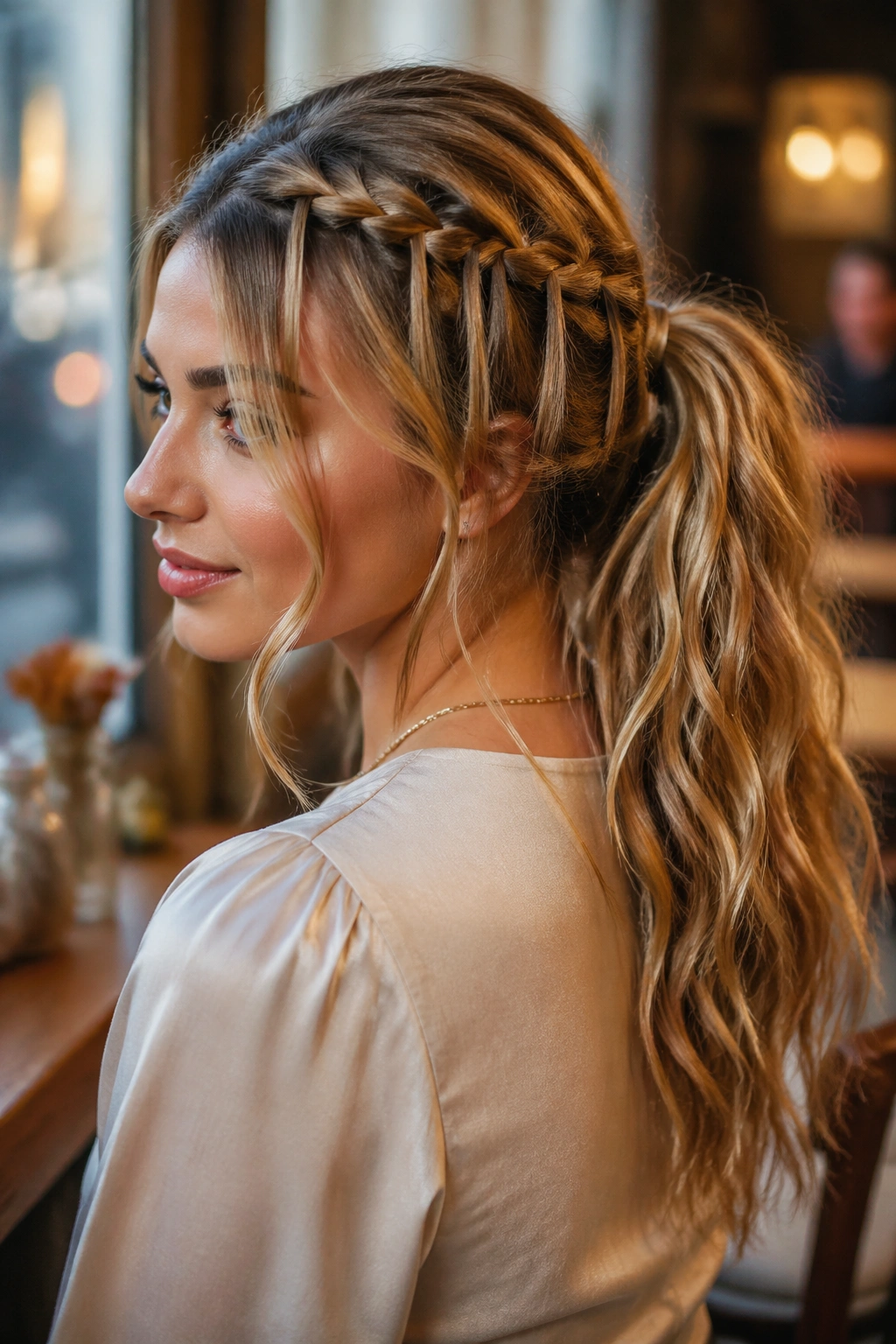 Close-up portrait of a real woman with a waterfall accent braid that softens the whole look and flows into a ponytail