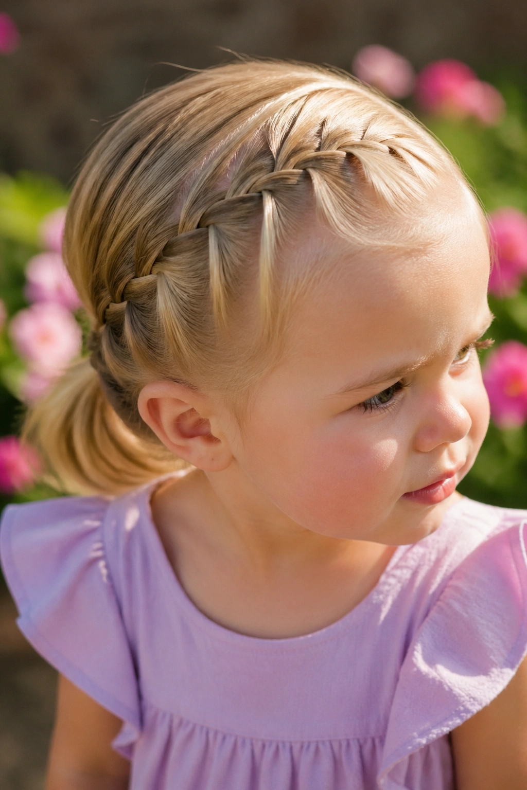 Close-up of a toddler girl with waterfall braid across the front and anchored back