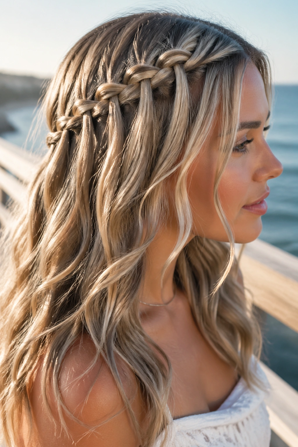 Portrait of a real woman with ash highlight waterfall braid and beachy waves outdoors