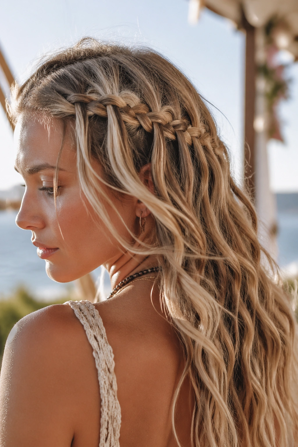 Close-up of a real woman with a waterfall braid and beachy ends in seaside light